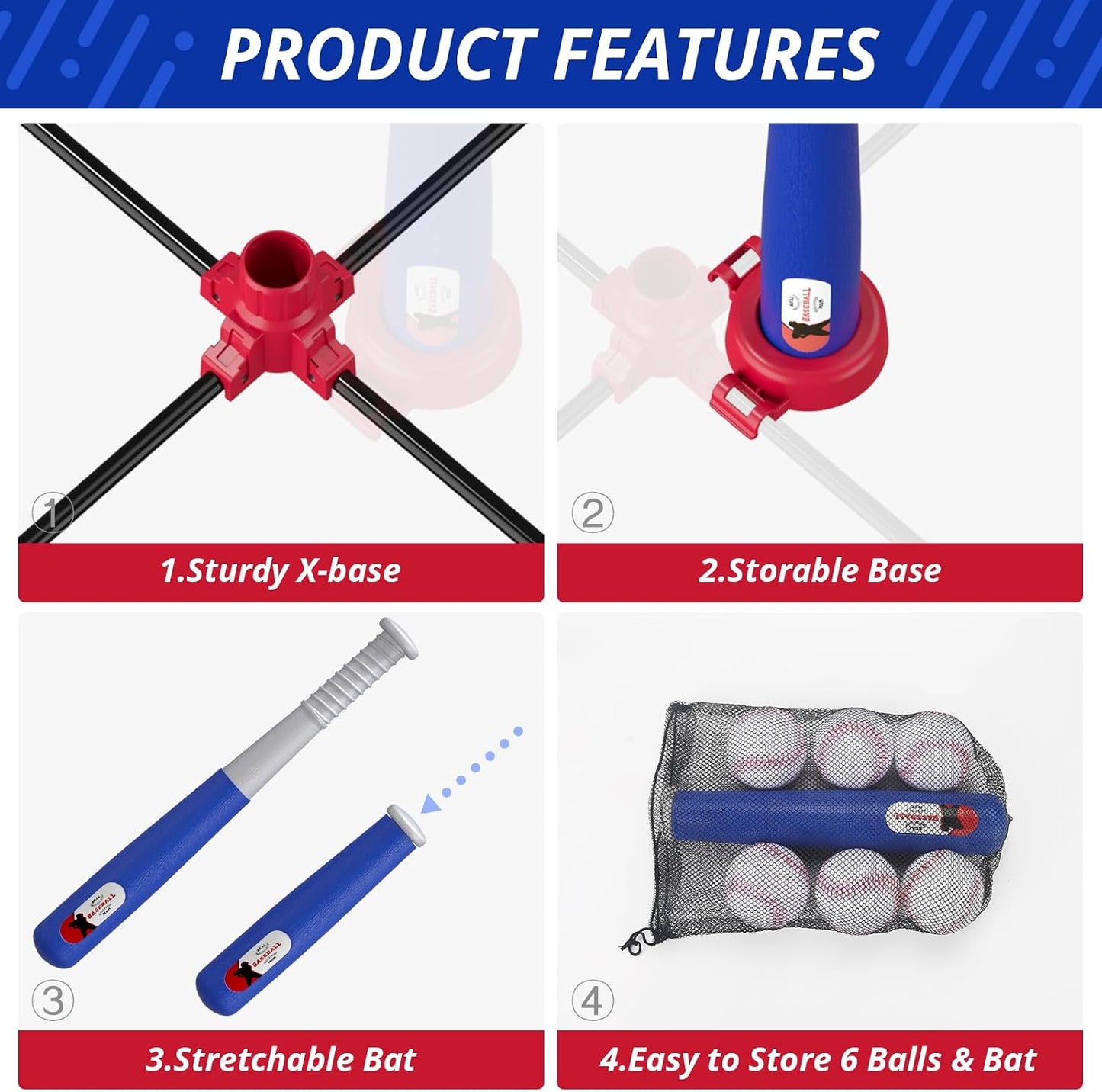 HotHYES 3-in-1 Baseball Set for Kids 3-5 - Tee Ball Stand, Hanging Tee, Ball Launcher and 6 Softballs - Adjustable Height, Indoor/Outdoor Sport Gifts for Boys Girls