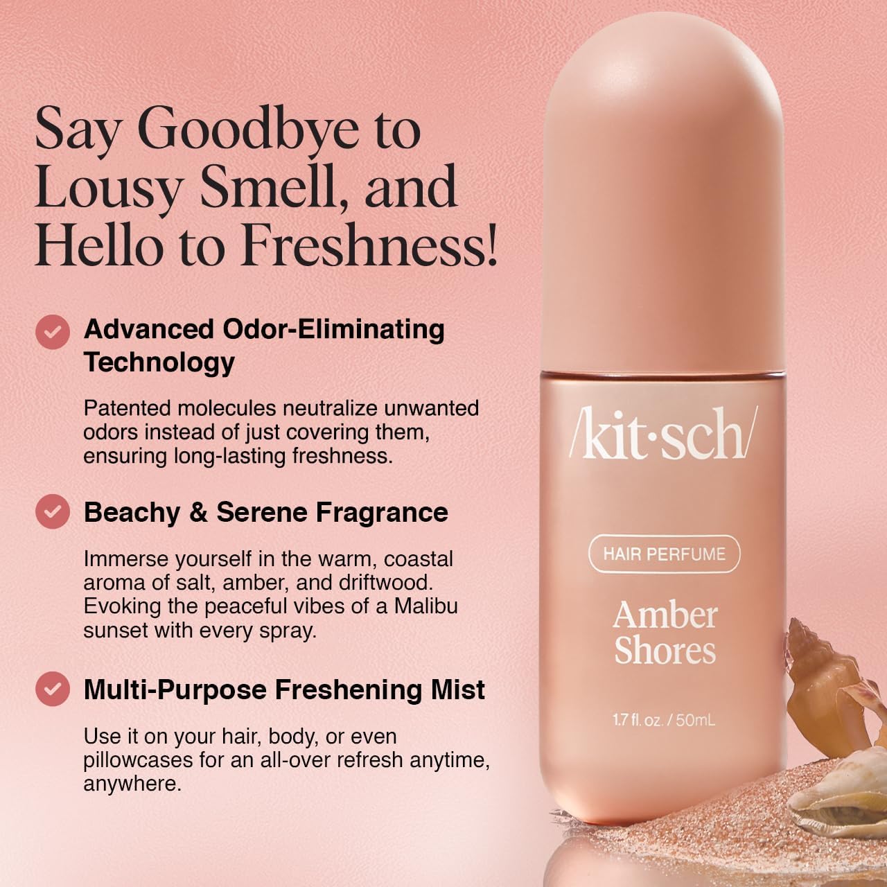 HotKitsch Hair Perfume for Women - Amber Shores, 50mL | Clean, Deodorizing & Patented Odor-Eliminating Technology Hair Spray & Body Mist | Freshen Hair, Body & Pillows