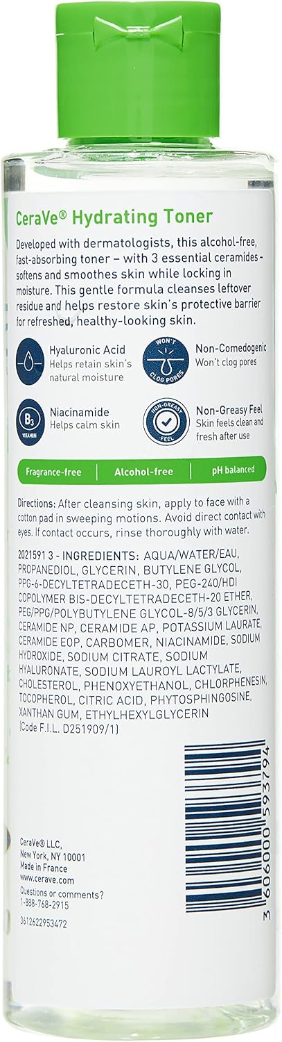 HotCeraVe Hydrating Toner for Face Non-Alcoholic with Hyaluronic Acid, Niacinamide, and Ceramides for Sensitive Dry Skin, Fragrance-Free Non Comedogenic, Full Size, 6.8 Fl Oz
