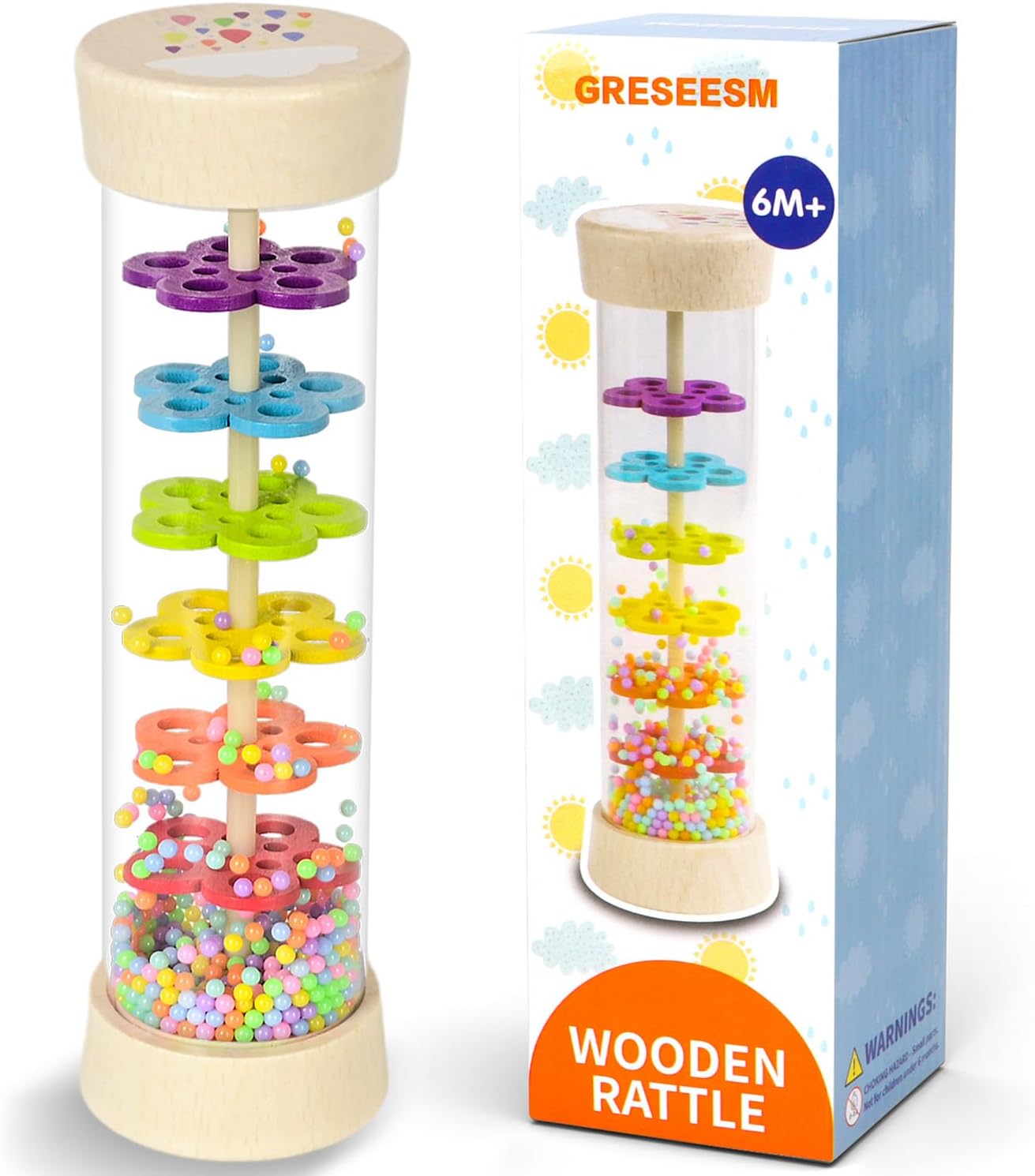 Hot Rain Stick Montessori Baby Toys for 6-12 Months 1 Year Old, Wooden Rainmaker Infant Musical Sensory Toy, Baby Shower Gift for Newborn Toddler Boys Girls, 7.7"