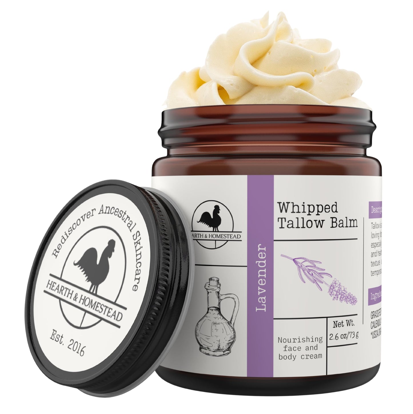 HotHearth & Homestead Whipped Beef Tallow for Skin & Face - 100% Grass Fed, Eczema Cream & Body Butter - Organic Olive Oil, Calendula & Rose - Lotion & Hand Moisturizer for Dry Skin, Unscented, 1.3oz