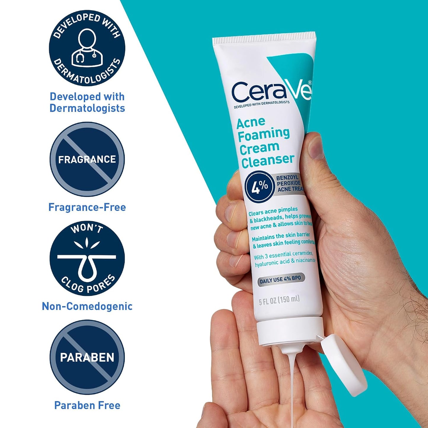 HotCeraVe Acne Foaming Cream Cleanser, 4% Benzoyl Peroxide Face Wash With Hyaluronic Acid, Niacinamide & Ceramides, Gentle Daily Acne Treatment For Face