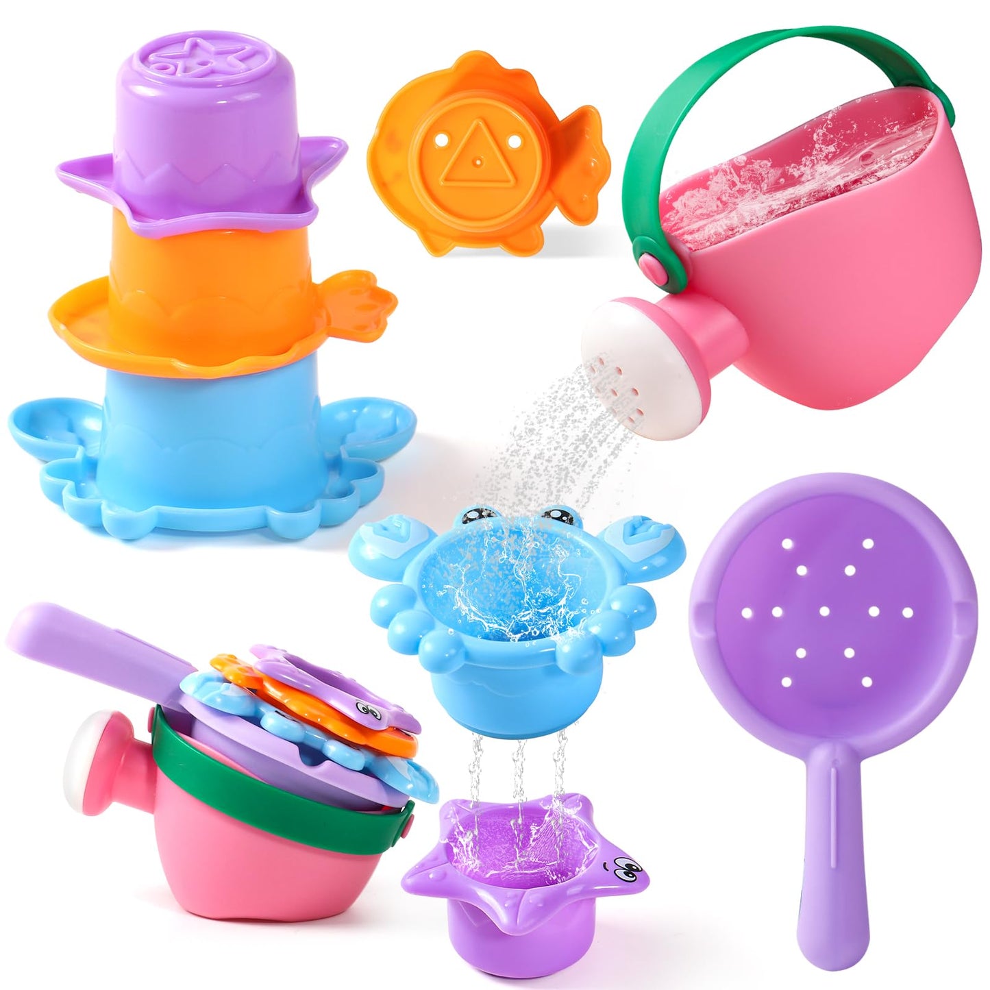 HotFajiabao Toddler Bath Toys for Kids Ages 1-3 Multi-Play in Tub Water Pool | Learning Mold Free Bath Toys with Color Stacking Cups & Watering Can Interactive Shower Toys for 1 2 3 4 5 6 Birthday Gifts