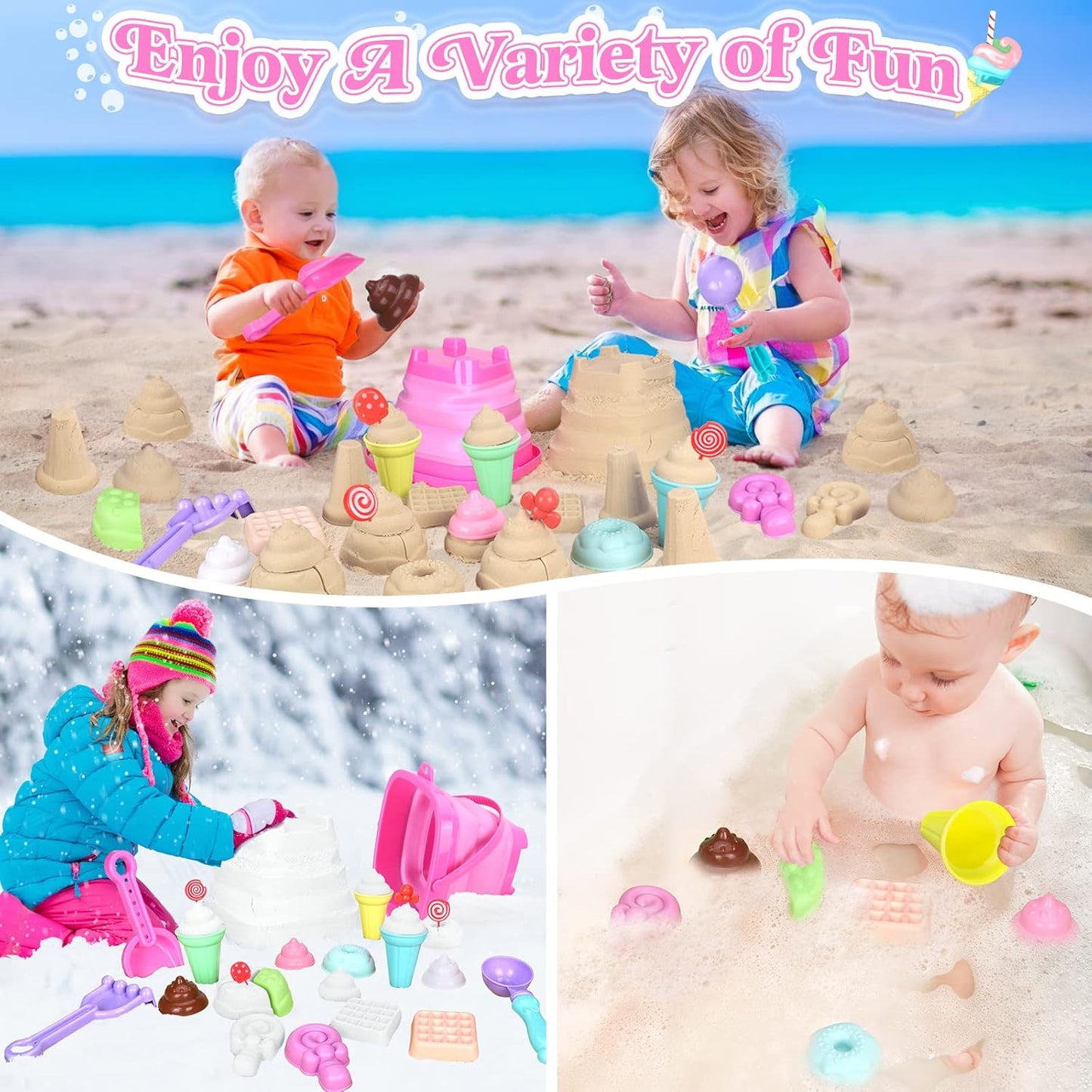 HotCollapsible Beach Toys Set for Kids Toddlers Girls, Collapsible Sand Bucket and Shovels Set with Mesh Bag & Sand Molds, Ice Cream Travel Sand Toys for Beach, Sandbox Toys for Toddlers Kids Age 3-10