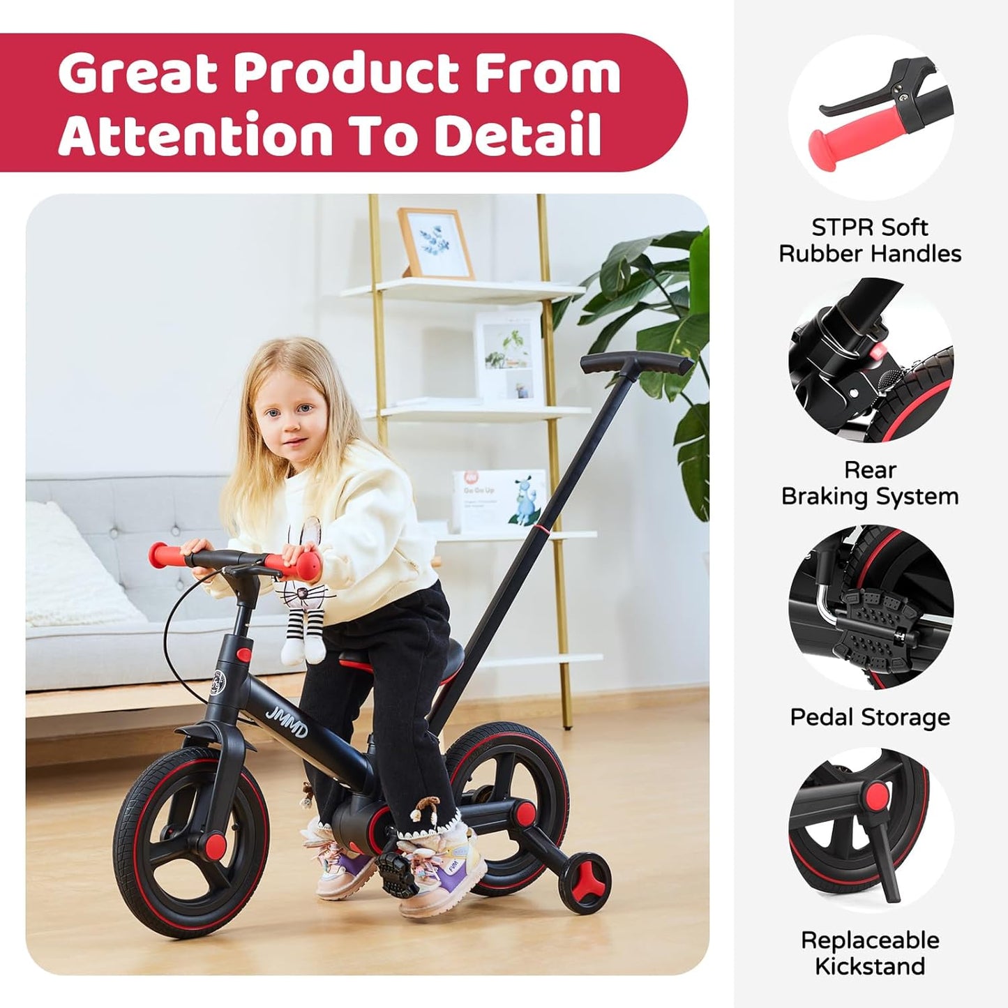 Hot JMMD 6 in 1 Toddler Bike with Push Handle for Kids 18-60 Months, 12" Foldable Balance Bike with Training Wheels, Pedals, Brakes, Kickstand, Push Tricycle Toddler Gift & Toys for Boy & Girl