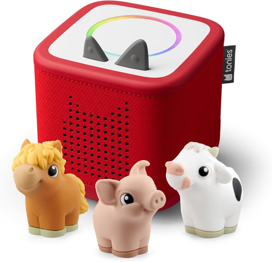 HotToniebox 2 My First Farm Bundle for Kids 1+ with Soft and Squeezable Cow, Horse, and Pig - Sunset Red