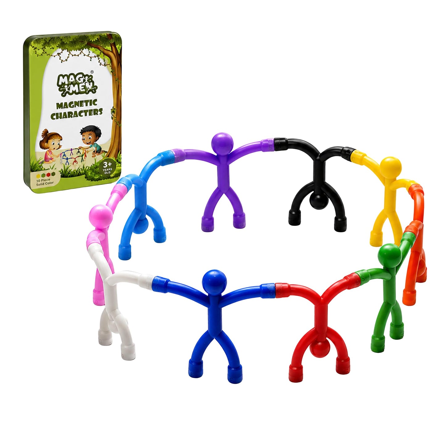 HotMAGMEN 10-Piece Magnetic Fidget Figures with Storage Tin - Opaque-Color Magnetic Character Figures for Kids & Adults - Quiet Airplane & Road Trip Travel Toy - Screen-Free Sensory Desk Toy