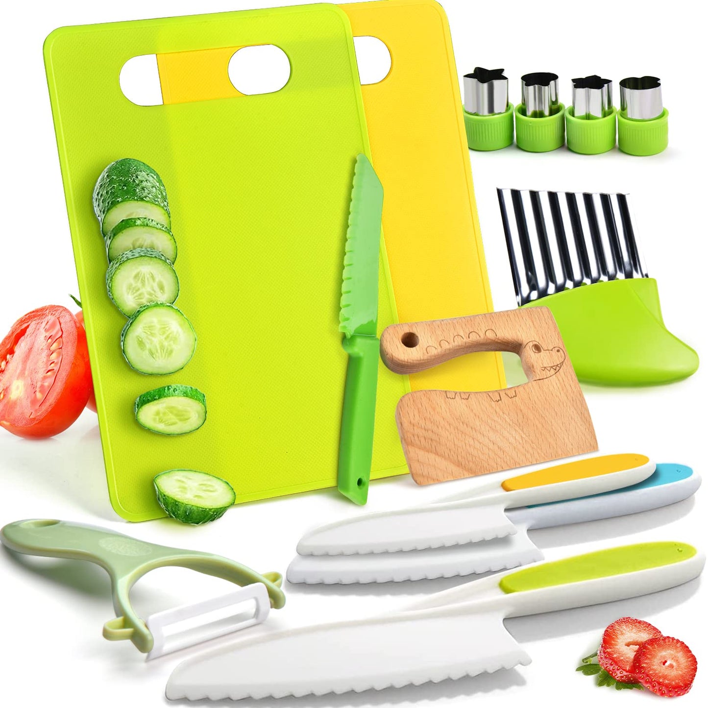 Hot13 Pieces Montessori Kitchen Toys for Toddlers-Kids Cooking Sets Real-Toddler Toys Set for Real Cooking with Plastic Children Safe Knives Crinkle Cutter Kids Cutting Board