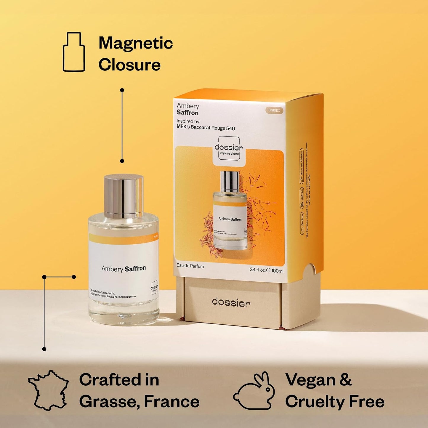Hot Dossier - Ambery Saffron - Eau de Parfum - Inspired by Baccarat Rouge 540 - Long-Lasting Fragrance - Unisex - 3.4 fl oz (100ml)