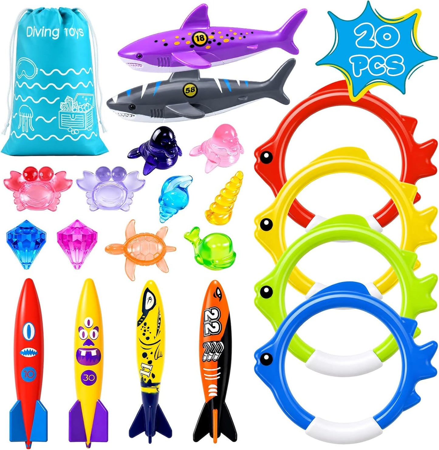 Hot20Pcs Summer Pool Diving Swimming Toys for Kids Ages 3-12, Fun Swim Games Sinking Set, Underwater Dive Gifts with Storage Bag Include Torpedo Gems Shark Rings Sea Animals for Boys Girls