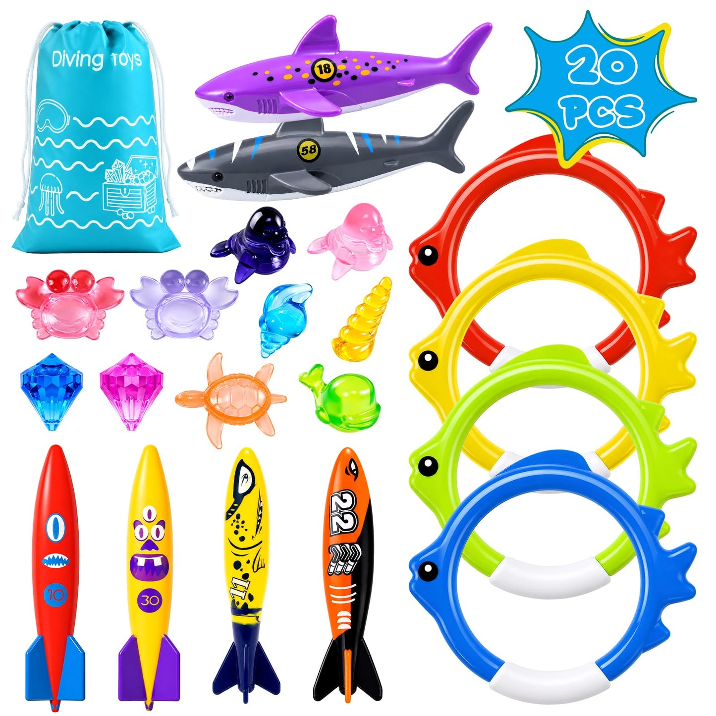 Hot20Pcs Summer Pool Diving Swimming Toys for Kids Ages 3-12, Fun Swim Games Sinking Set, Underwater Dive Gifts with Storage Bag Include Torpedo Gems Shark Rings Sea Animals for Boys Girls