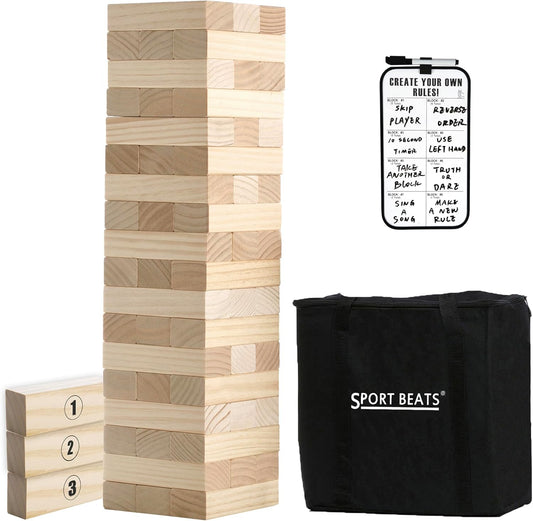 HotOutdoor Games Large Wooden Tower Stacking Game - 54 Premium Pine Blocks Stack up to 4FT with Custom Rules Board & Heavy Duty Carry Bag - Outdoor Lawn Games for Backyard Parties, Camping, Tailgating