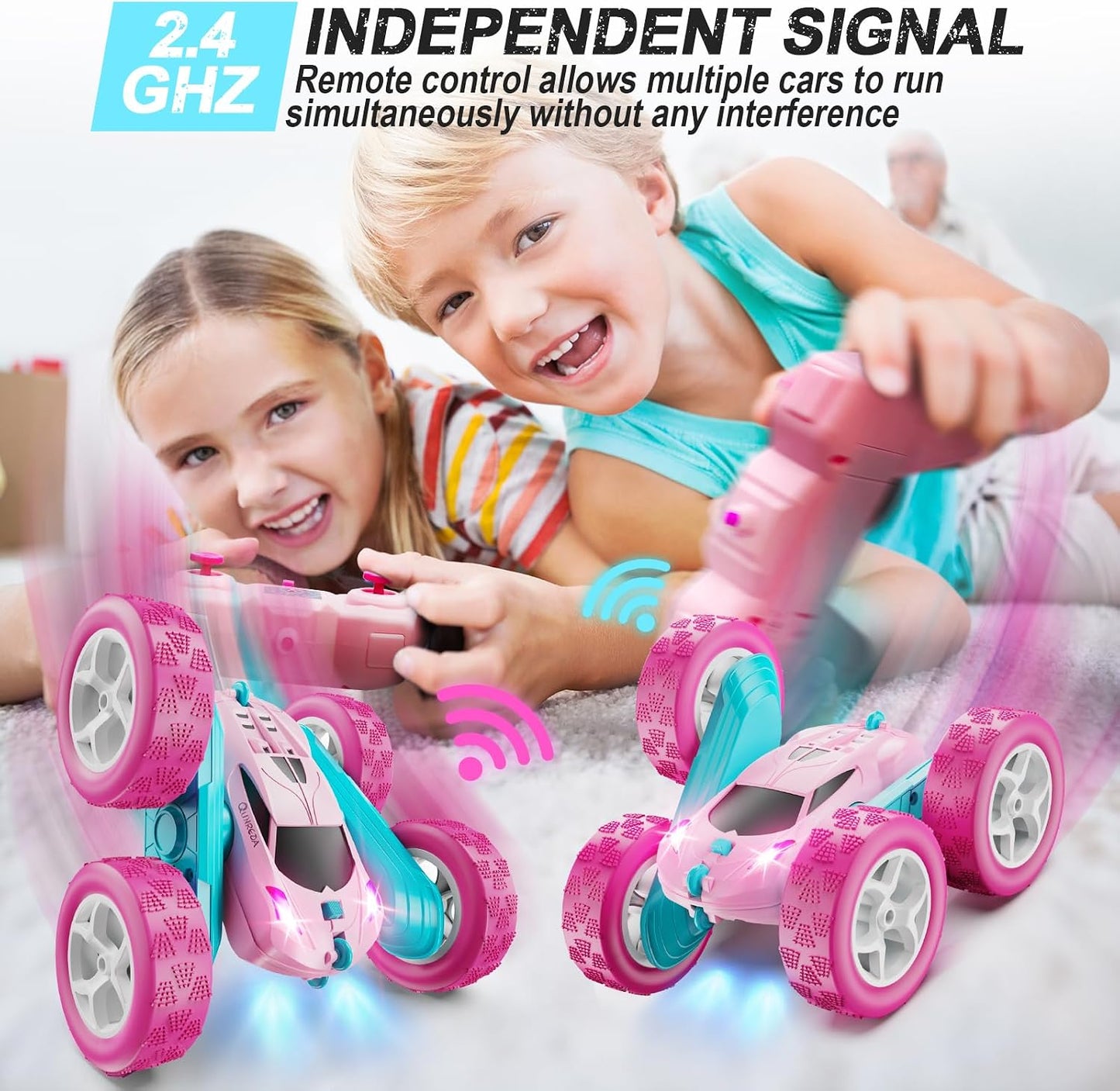 HotQUNREDA RC Cars, Pink Remote Control Car for Girls, 2.4 GHZ Double Sided RC Stunt Car 360° Rotating Remote Control Crawler with Headlights Car Toys for 6 7 8 9 10 11 12 Girls Birthday Gift Grandkids
