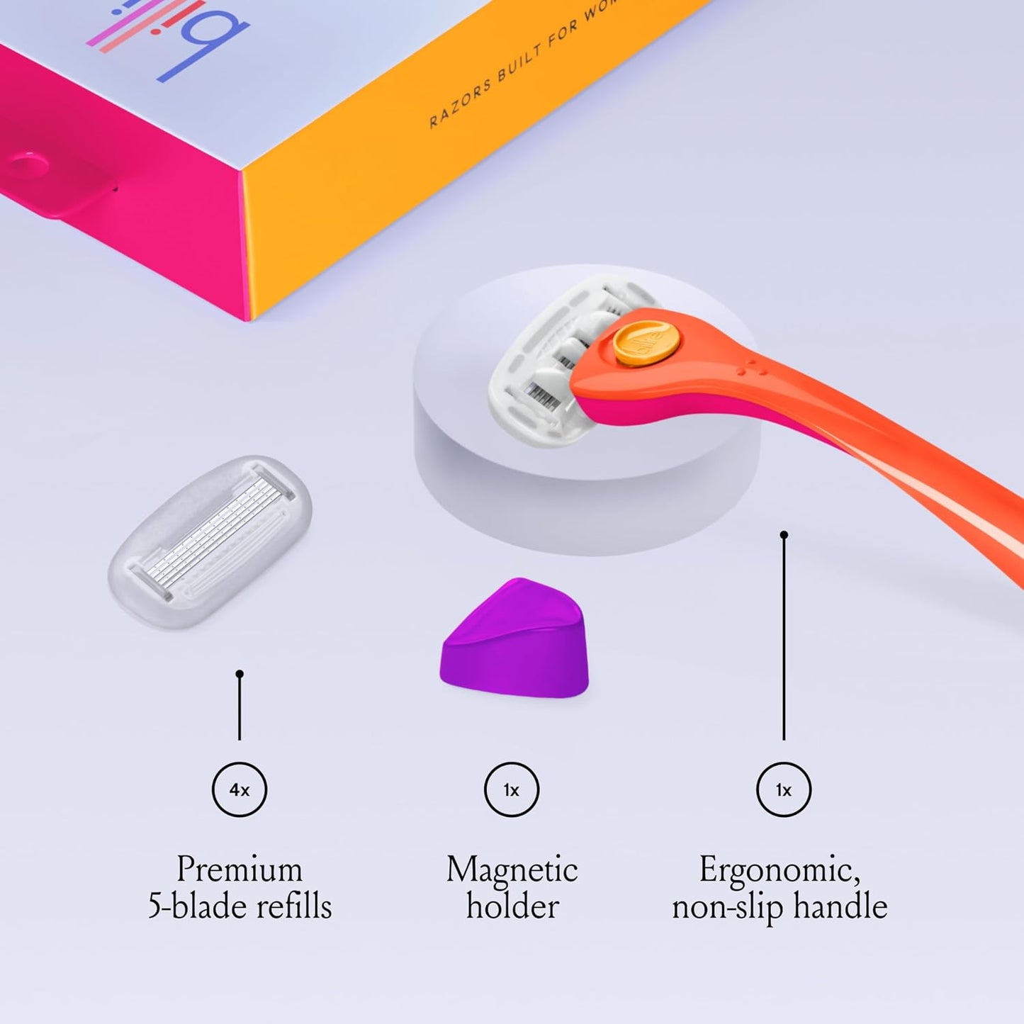 HotBillie Razors for Women Shave Kit – Women’s Razor + 2 x 5-Blade Razor Refills + Magnetic Holder – Sunburst