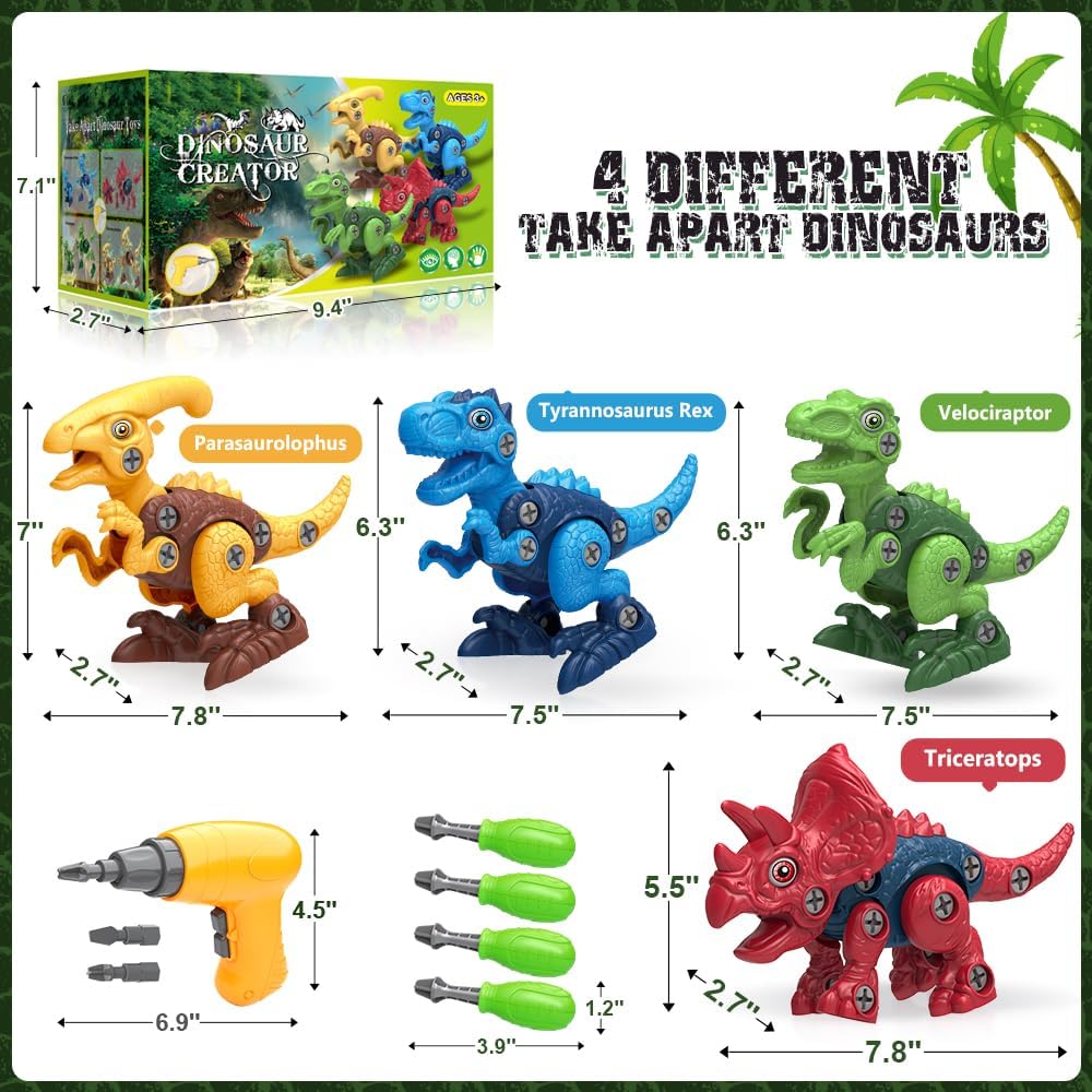 HotDinosaur Toys for 3, 4, 5, 6, 7 Year Old Boys, Take Apart Toys with Electric Drill for Kids, STEM Educational Construction Building Toy, Ideal Birthday Christmas Easter Gifts, Incl Tyrannosaurus Rex