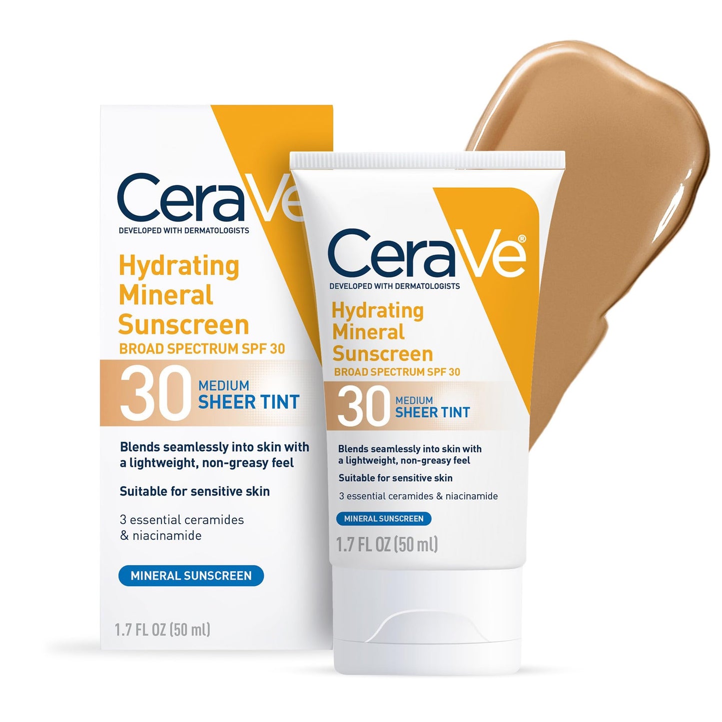 HotCeraVe Hydrating Mineral Sunscreen SPF 30 with Sheer Tint, Tinted Mineral Sunscreen with Zinc Oxide & Titanium Dioxide, Blends Seamlessly For Healthy Glow, Light, 1.7 Oz