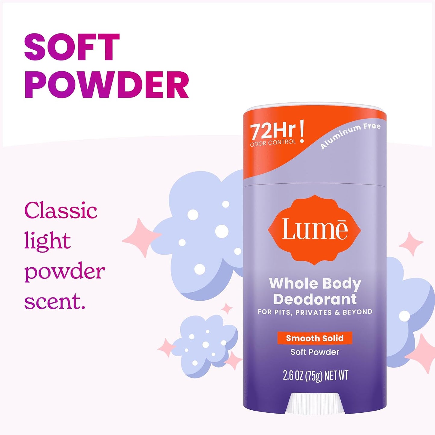 HotLume Whole Body Deodorant - Smooth Solid Stick - 72 Hour Odor Control - Aluminum Free, Baking Soda Free and Skin Safe - 2.6 Ounce (Pack of 2) (Soft Powder)
