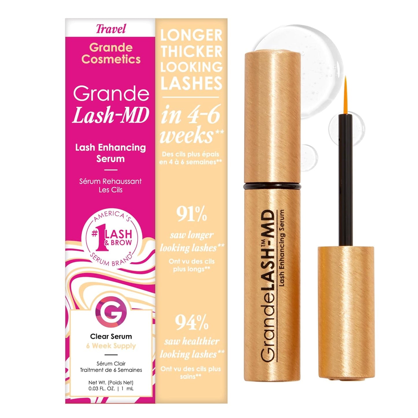 HotGrande Cosmetics GrandeLASH-MD Lash Enhancing Serum - Peptide & Vitamin Infused Formula for Longer, Thicker, Fuller Looking Lashes - Ophthalmologist Tested, Cruelty-Free, 6 Week Supply (1mL)