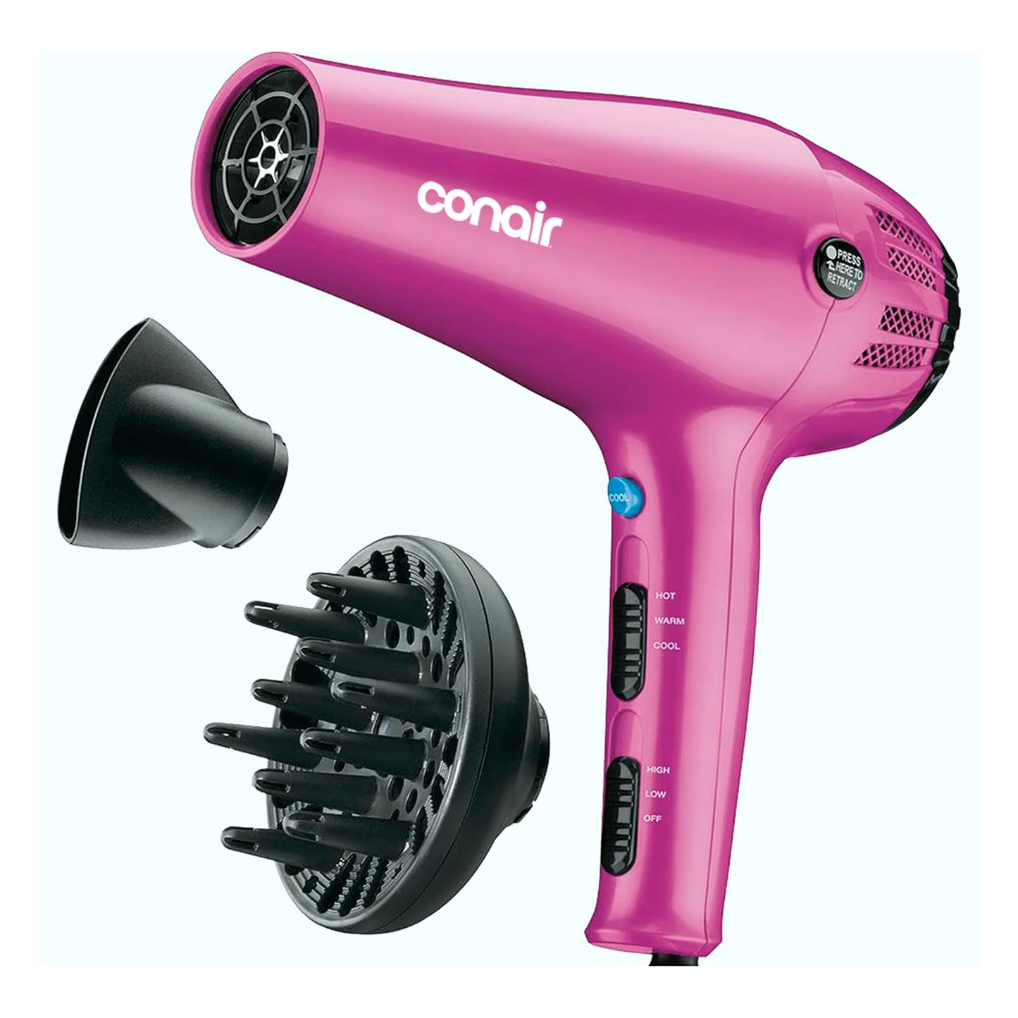 HotConair Hair Dryer with Diffuser & Concentrator, 1875W, Matte Light Pink | Blow dryer with ionic tourmaline technology, 3 heat settings, and 2 speed options to efficiently style all hair types