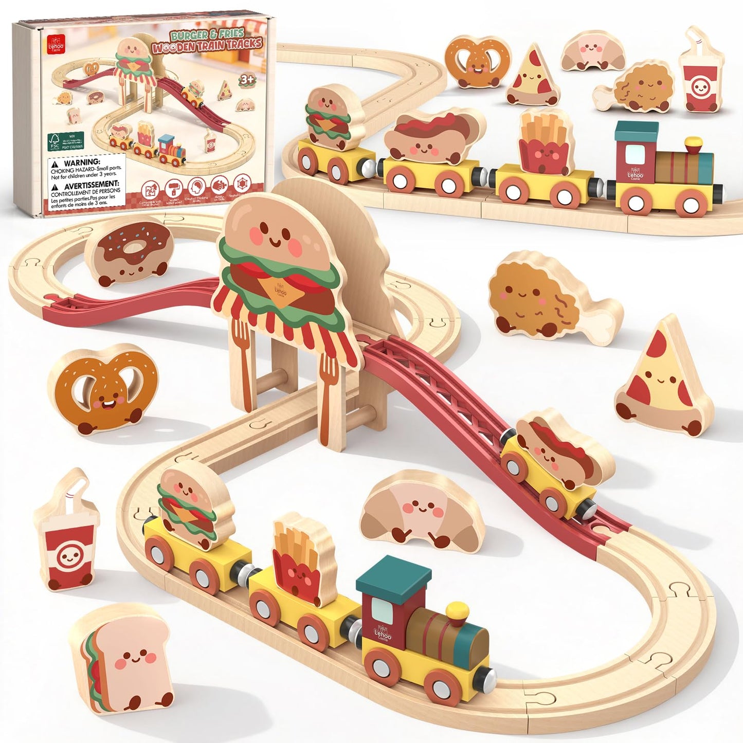 HotLehoo Castle Wooden Train Set for Girls, Pink Unicorn Train Set | Princess and Castle Pieces for Imaginative Play, Compatible with Most Wooden Train Tracks, Birthday Gift for Girls Ages 3-7