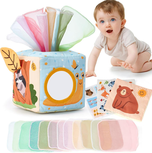 Hothahaland Baby Tissue Box Toy - 6 Month Old Montessori Baby Toys 6-12 Months | Sensory Pulling Play Scarf Soft Box, Crinkle Paper, Mirror, Tag for Babies Boy Girl Gifts Must Haves 1 Year Old Birthday Gift