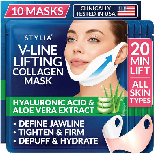 HotStylia V Line Lifting Collagen Mask - Lift, Firm & Contour Jawline - Tightening Double Chin Strap with Hyaluronic Acid & Aloe - Neck Tightening and Lifting Mask - Jawline Shaper Face Lift Tape (10PC)