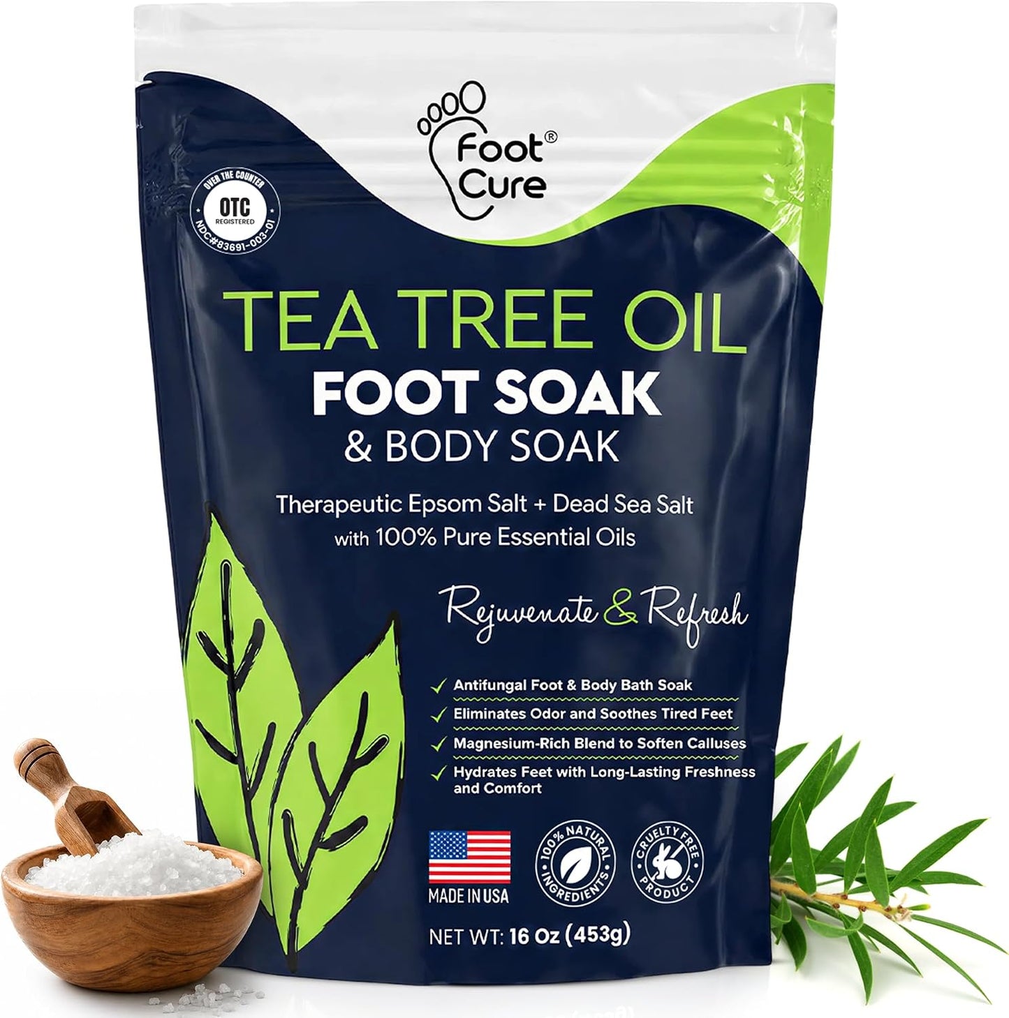 HotTea Tree Oil Foot Soak with Epsom Salt - For Toenail Repair, Athletes Foot, Softens Calluses, Soothes Sore & Tired Feet, Nail Discoloration, odor Scent, Spa Pedicure Care - Made in USA 16 oz