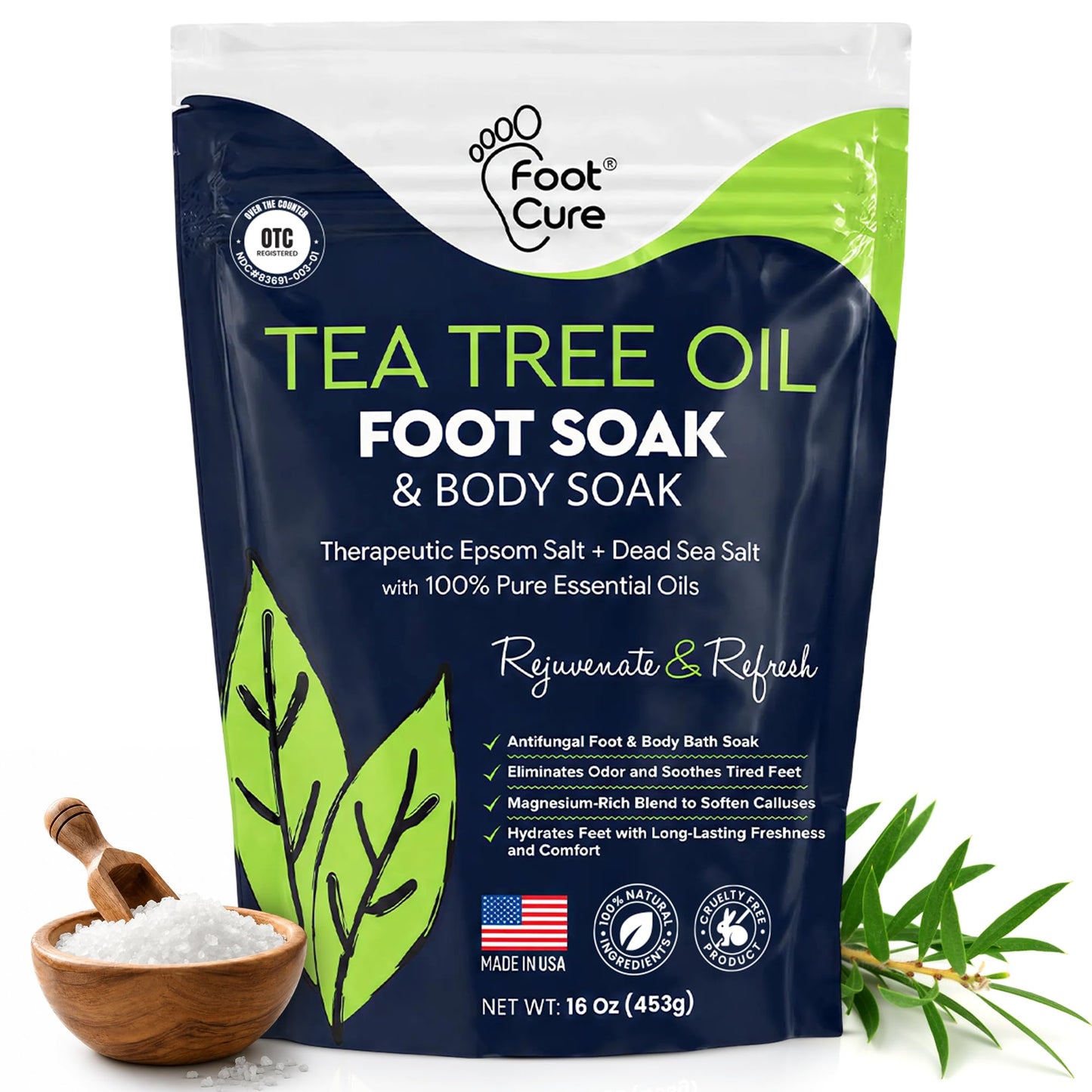 HotTea Tree Oil Foot Soak with Epsom Salt - For Toenail Repair, Athletes Foot, Softens Calluses, Soothes Sore & Tired Feet, Nail Discoloration, odor Scent, Spa Pedicure Care - Made in USA 16 oz
