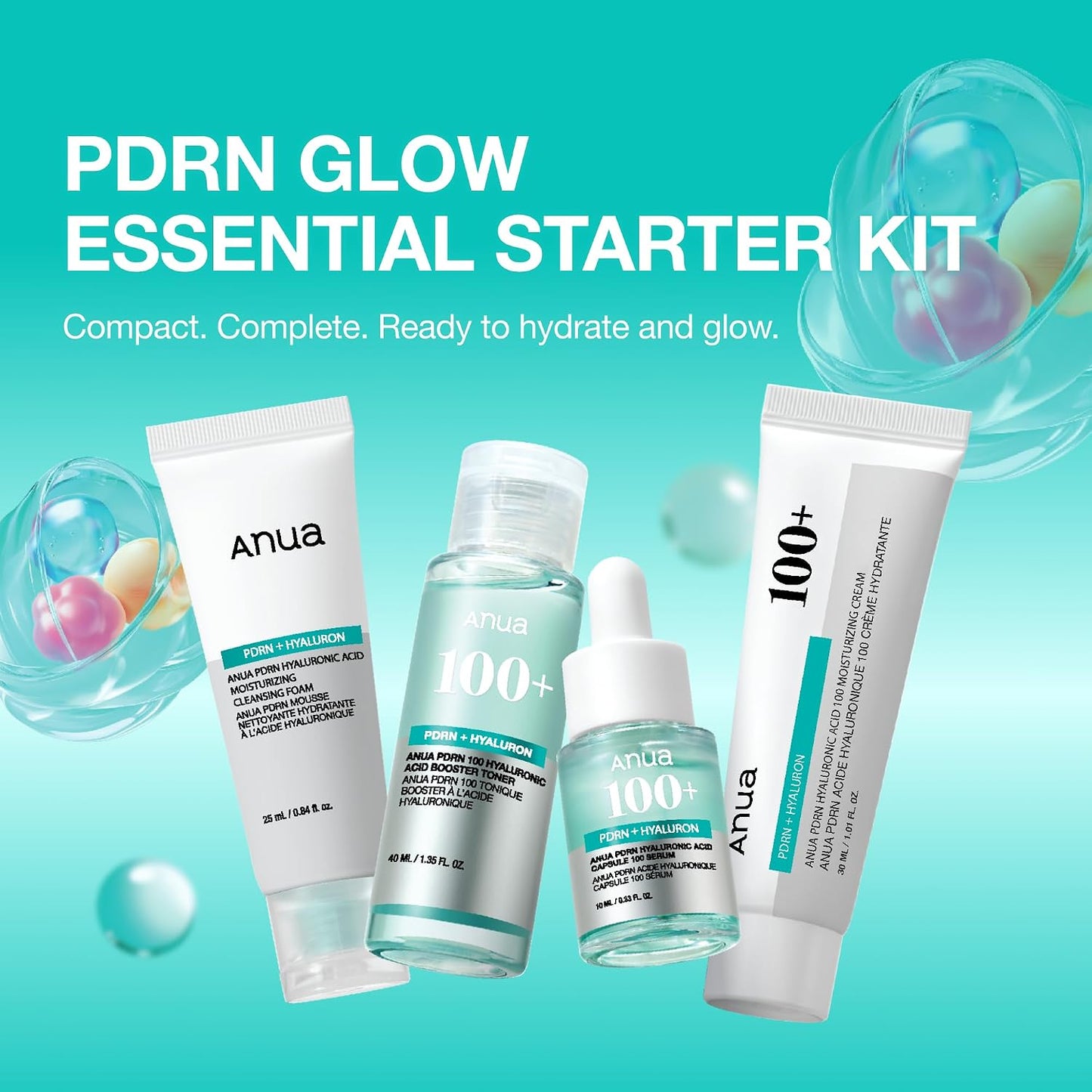HotAnua Salmon DNA PDRN Glow Essential Starter Kit, Hyaluronic Acid Skincare Set, Glass Skin Routine with Firming & Hydrating Cleanser, Toner, Serum & Cream, Mini Travel Essentials, Korean Skincare Gift