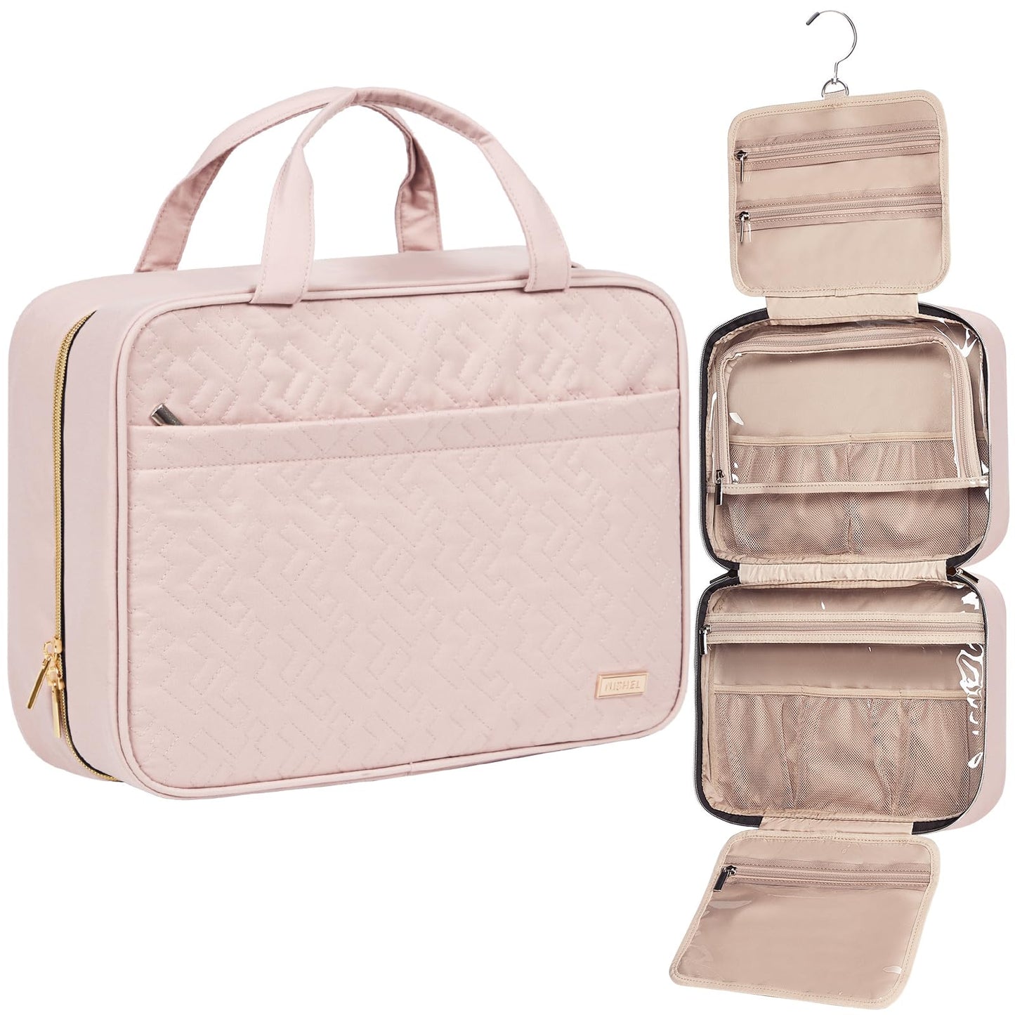 HotNISHEL Travel Toiletry Bag for women, Portable Hanging Organizer for Travel-Sized Shampoo, Conditioner, Brushes Set, makeup Accessories, Medium Size, Pink