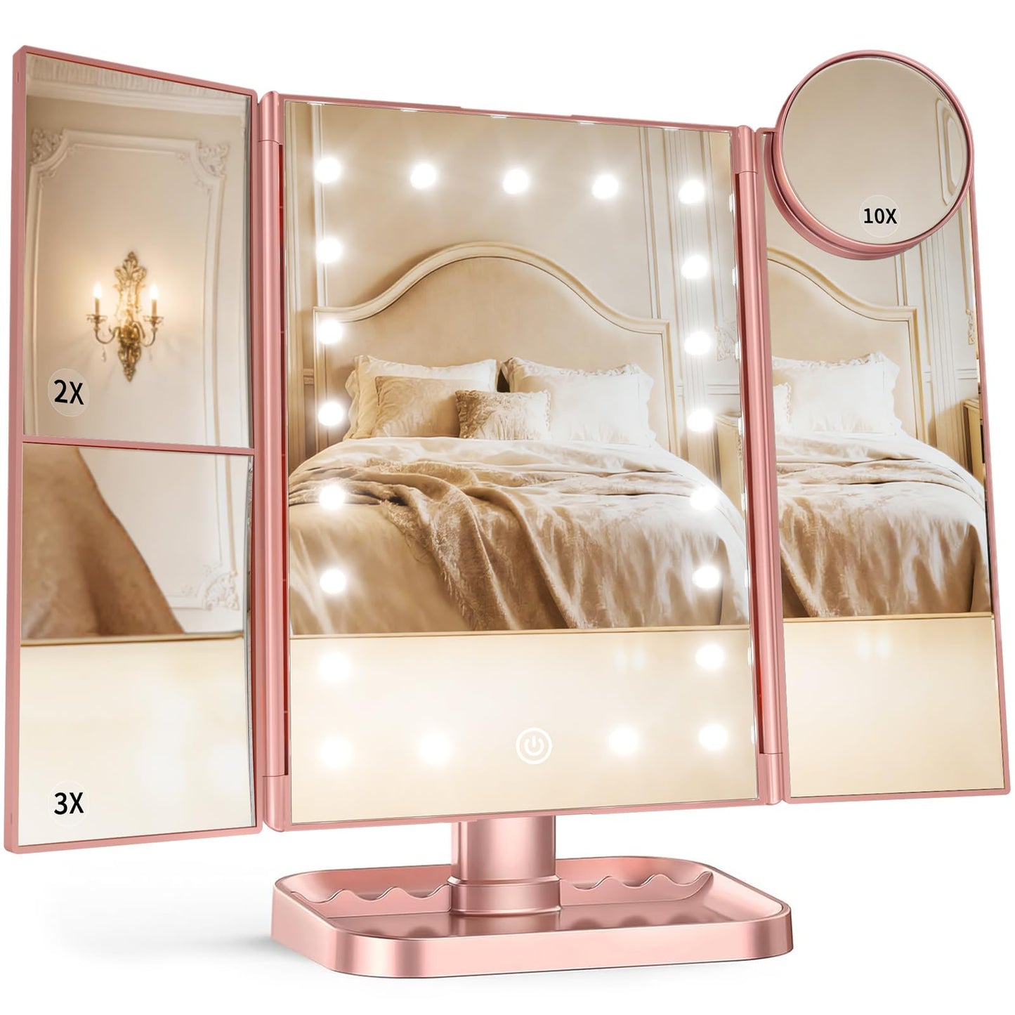 HotHUONUL Makeup Mirror, Vanity Mirror with Lights, 2X/3X/10X Magnification, Touch Control, Trifold, Dual Power Supply, Birthday Gifts for Women, Wife, Mom, Girls,Dorm Room Essentials
