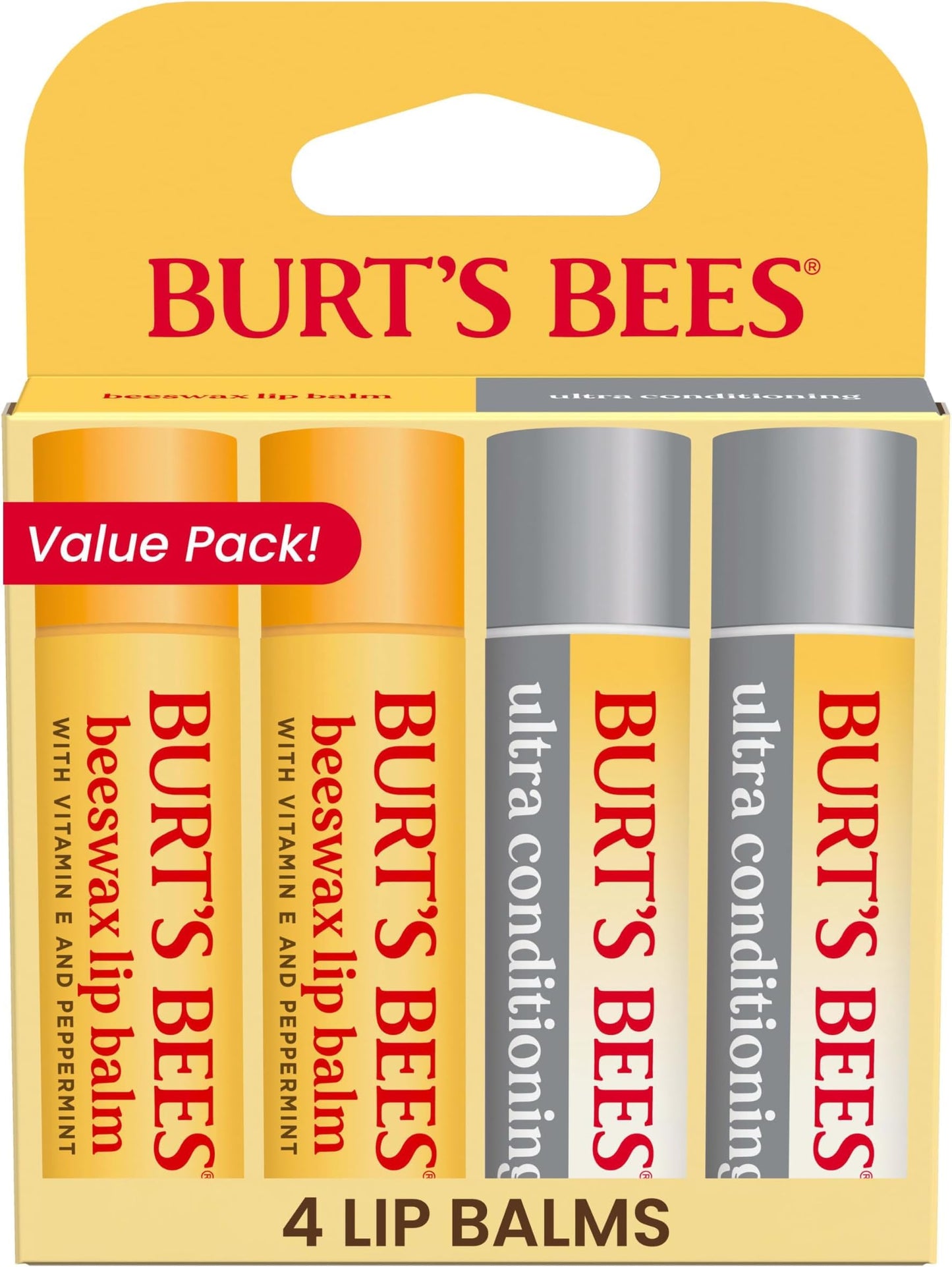 HotBurt's Bees Lip Balm, Moisturizing Lip Care, 100 Percent Natural Origin, Ultra Conditioning with Shea, Cocoa and Kokum Butter, 0.15 oz., Four Tubes