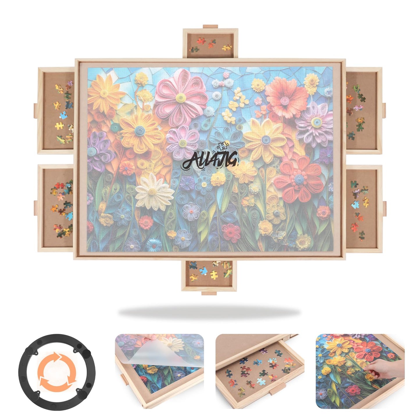 HotALL4JIG 1500 Piece Rotating Puzzle Board with 4 Drawer 24.92"x33.58"Portable Wooden Jigsaw Puzzle Table for Adults,Lazy Susan Spinning Puzzle Boards Birthday Gift for mom,Surface for Lego Building