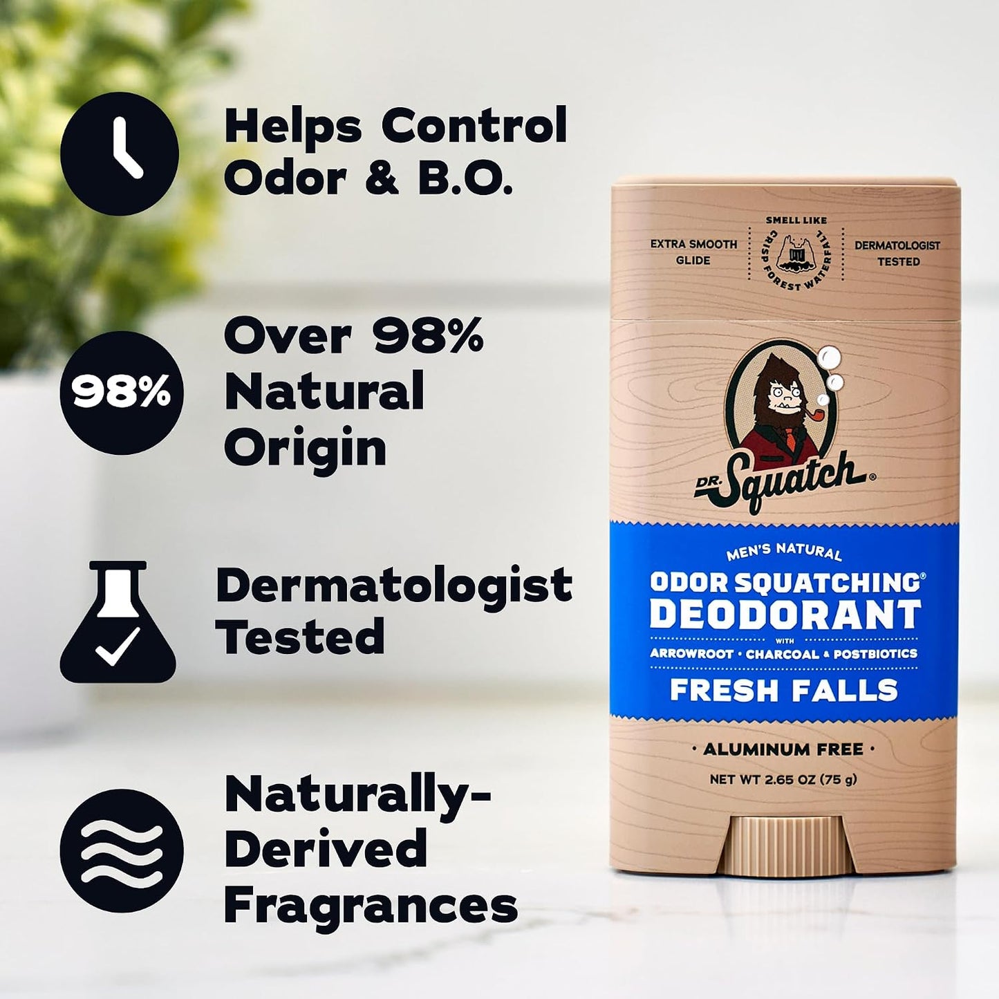 HotDr. Squatch Natural Men’s Deodorant – Aluminum Free Natural Deodorant Men with Charcoal & Postbiotics for 72-Hour Odor Protection – Fresh Falls, 2.65oz Stick (3-Pack)