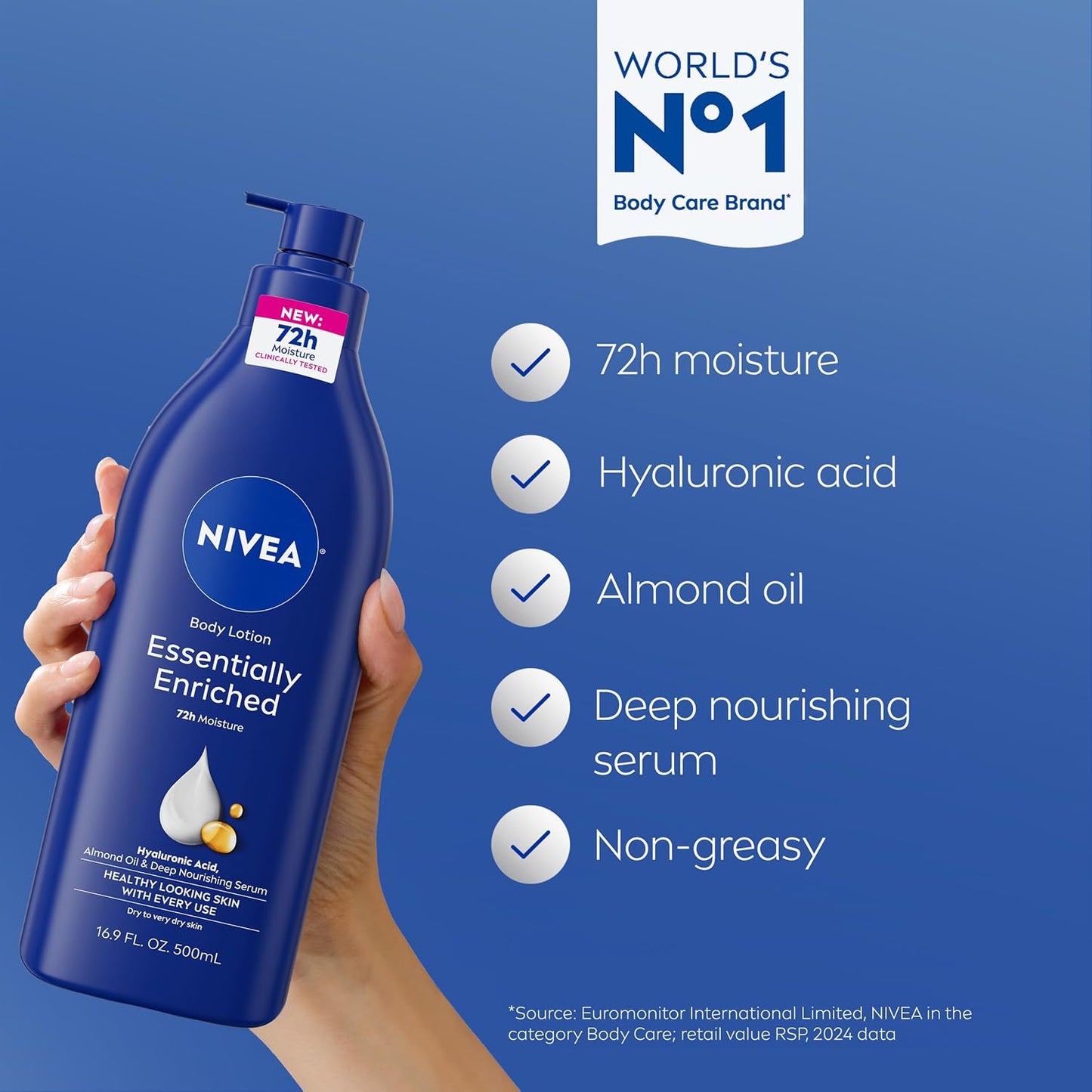 HotNIVEA Essentially Enriched Body Lotion for Very Dry Skin with Hyaluronic Acid, Almond Oil and Deep Nourishing Serum, 72-Hour Body Moisturizer, 16.9 Fl Oz Pump Bottle, Pack of 2