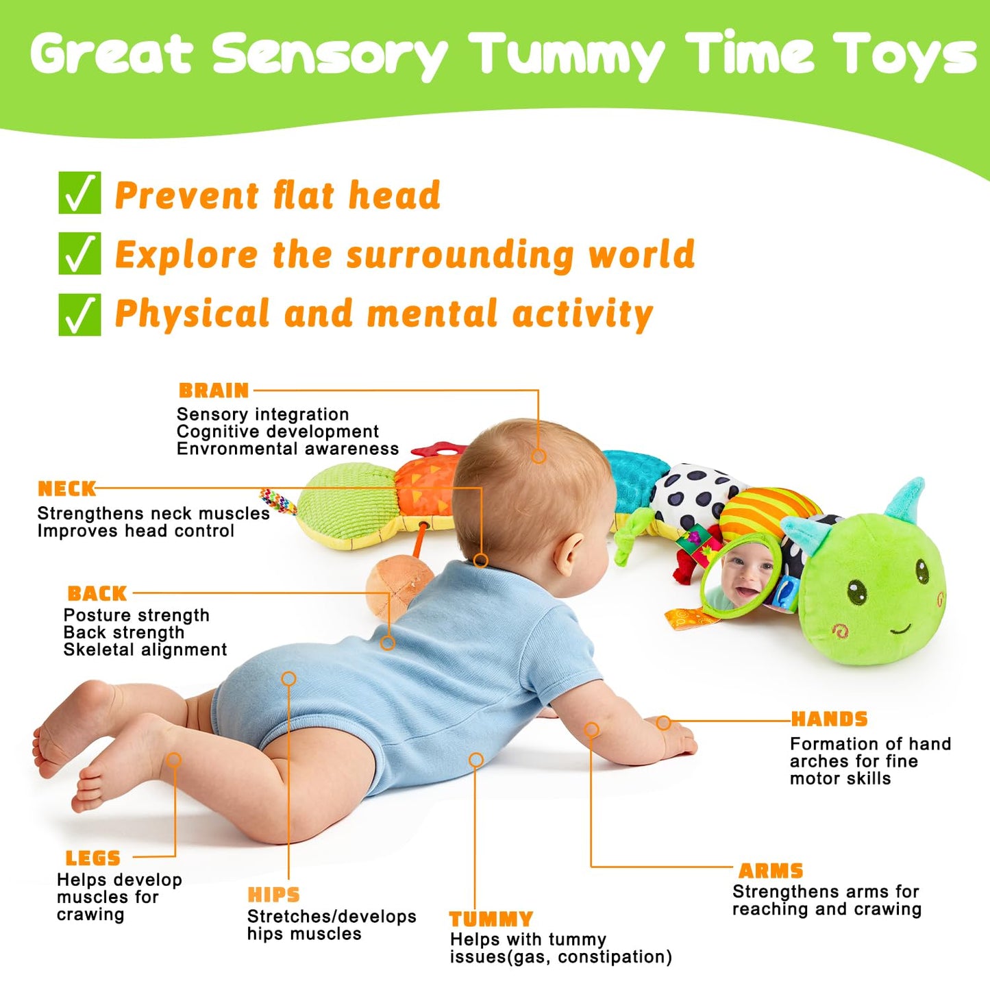 HotTopsochir Baby Sensory Toys 0-6 Months Music Animal Stuffed Plush Caterpillar Toy for Infant 0-3-6-12 Month Old Tummy Time with Mirror Crinkle Rattle Toys for Newborn Boys Girls Shower Birthday Gifts