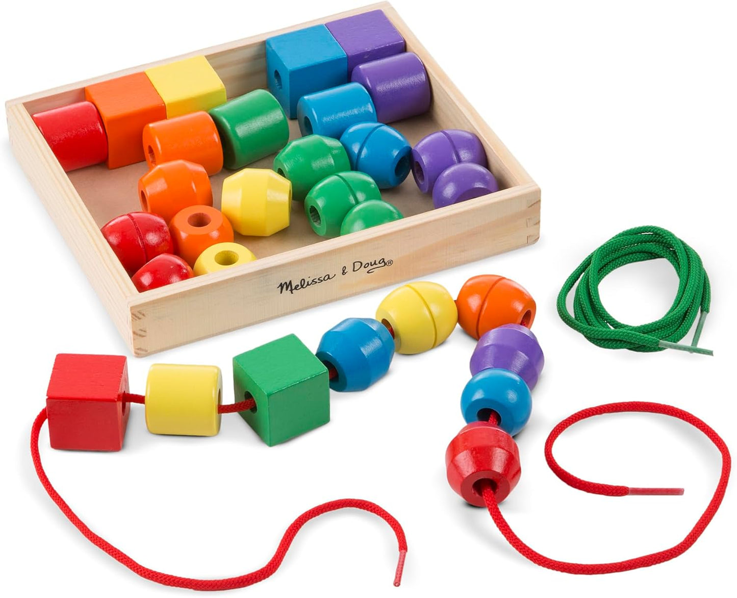 HotMelissa & Doug Primary Lacing Beads - Educational Toy with 30 Wooden Beads and 2 Laces for Toddlers, Fine Motor Skills Lacing Toys for Toddlers and Kids Ages 3+