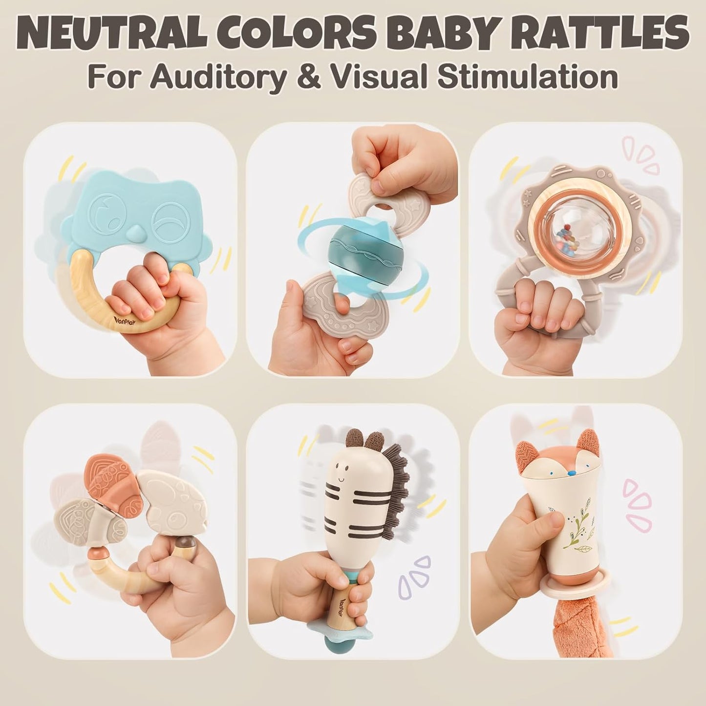 HotBaby Rattles & Teethers Set – Baby Toys 0-6 Months, Teething Toys 3-6 Months, Sensory Toys with Soft Textures, Gentle Sounds & Easy-Grip Shape, Neutral Newborn Gift（10-Pack）