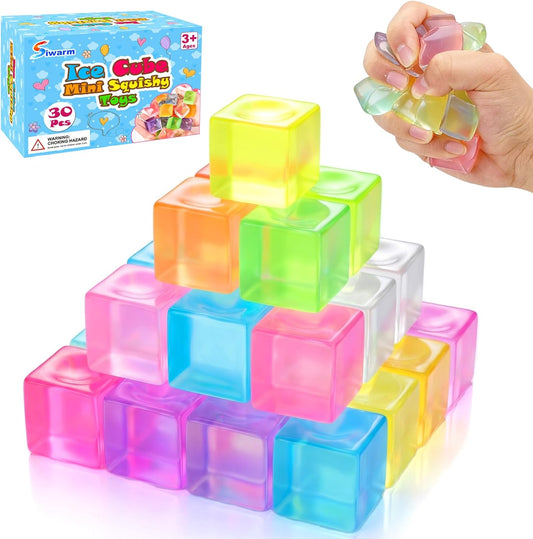 Hot30 Pack Mini Ice Cube Squishy Fidget Toys for Kids and Adults, Mini Stress Cube Squeeze Toys, Square Stress Balls Sensory Toys for Anxiety Relief, Treasure Box Toys Classroom Prizes Party Favors
