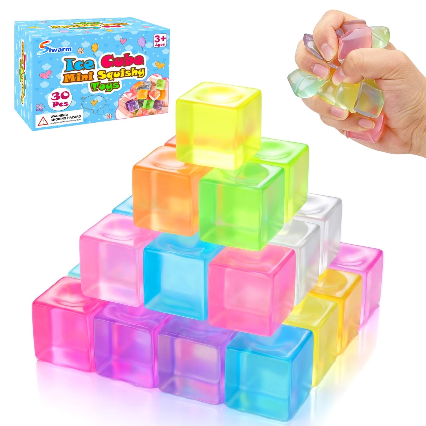 Hot30 Pack Mini Ice Cube Squishy Fidget Toys for Kids and Adults, Mini Stress Cube Squeeze Toys, Square Stress Balls Sensory Toys for Anxiety Relief, Treasure Box Toys Classroom Prizes Party Favors