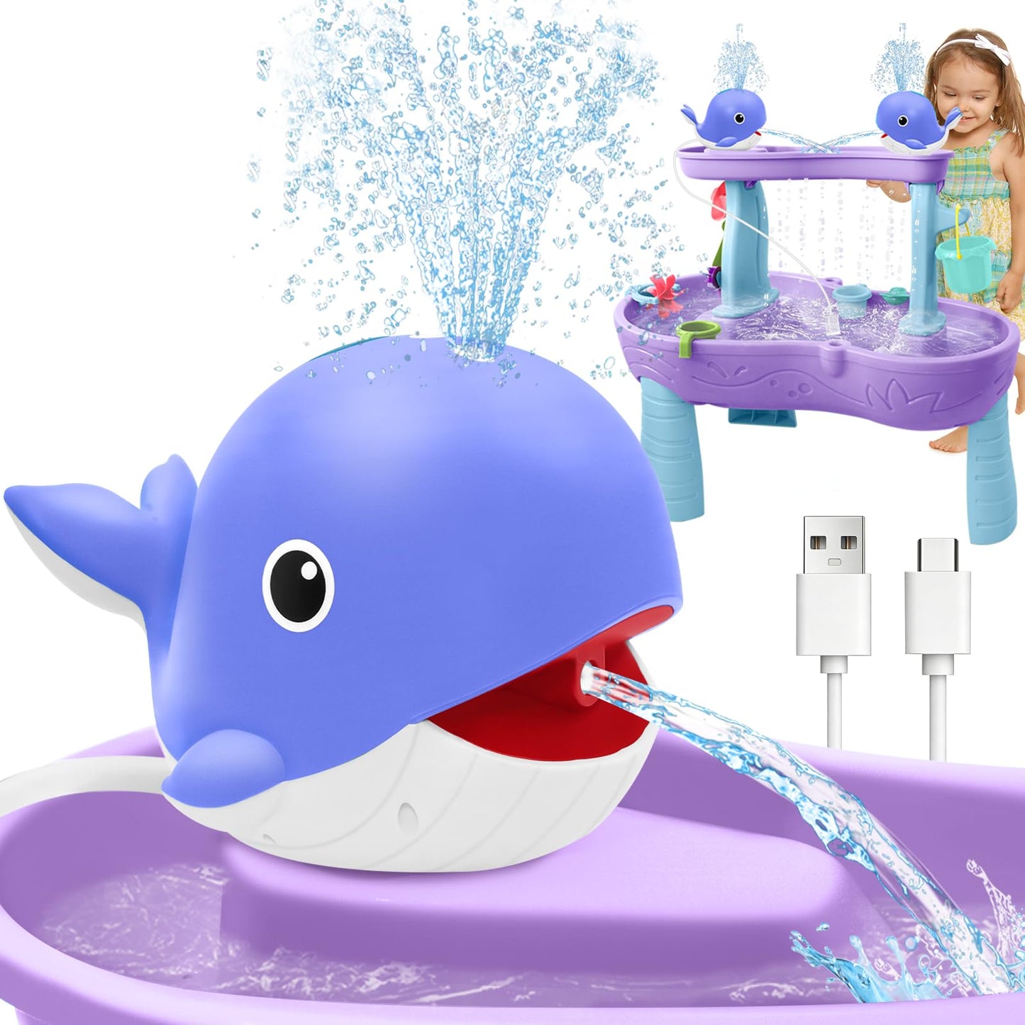 Hot Infowush Water Table Pump, Whale Rechargeable Water Pump for Water Table with Sprinkler, 3.5 Hours Non-Stop Fun Summer Outdoor Water Toys Outside Water Play Table Accessories for Kids Toddlers, Blue