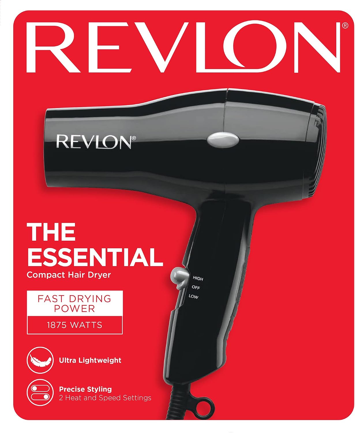 HotRevlon Compact Hair Dryer | 1875W Lightweight Design, Perfect for Travel, (Black)