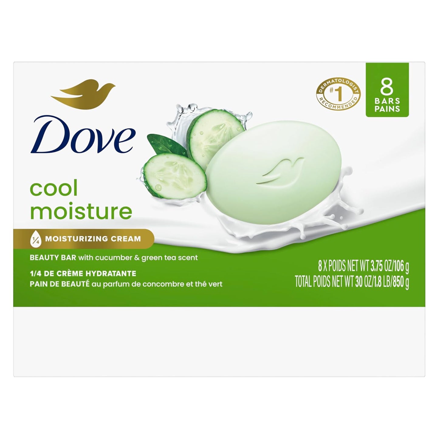 HotDove Cool Moisture Beauty Bar Soap 8 Count, Refreshing Cleanser, 3.75 oz I Moisturizing beauty bar with cucumber and green tea scent for refreshed, soft skin