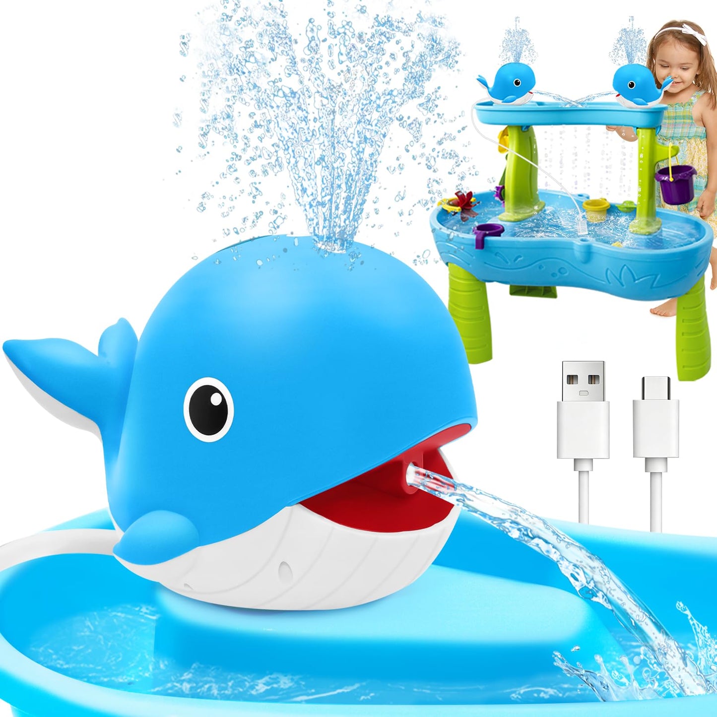 Hot Infowush Water Table Pump, Whale Rechargeable Water Pump for Water Table with Sprinkler, 3.5 Hours Non-Stop Fun Summer Outdoor Water Toys Outside Water Play Table Accessories for Kids Toddlers, Blue