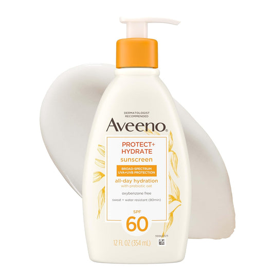 HotAveeno Protect + Hydrate Sunscreen Lotion for Body & Face with Prebiotic Oat, SPF 60 Broad Spectrum Sunscreen, Paraben, & Oil Free, Water & Sweat Resistant (80-min) for Sensitive Skin, 12 FI Oz
