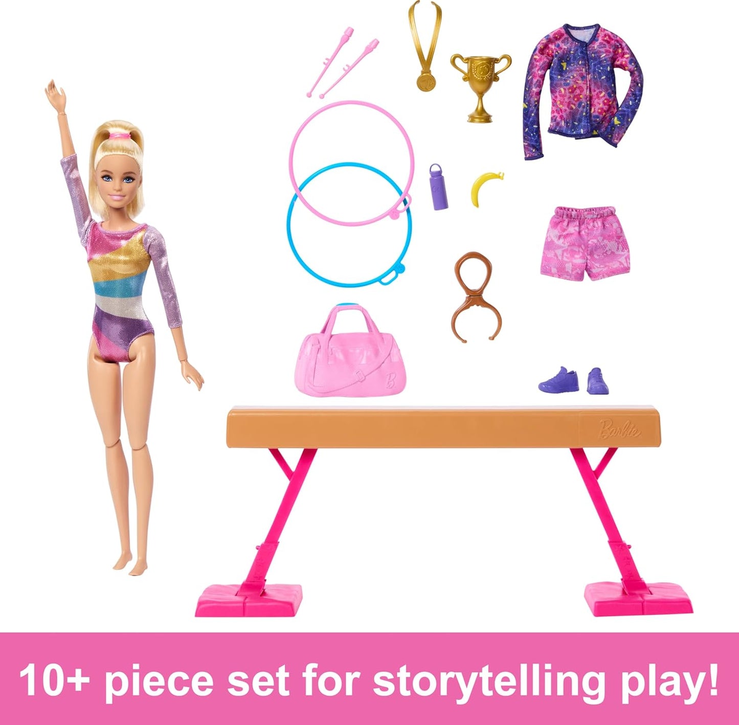HotBarbie Gymnastics Doll & Accessories Playset | Blonde Fashion Doll, C-Clip for Flipping Action, Balance Beam, Warm-Up Suit & More
