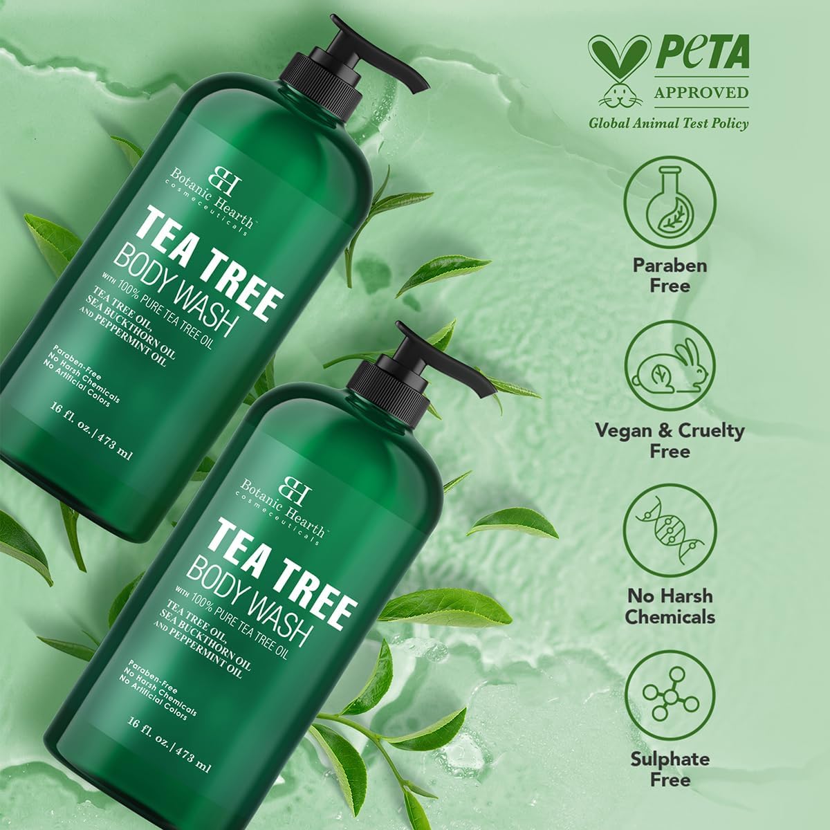 HotBotanic Hearth Tea Tree Body Wash, 16 Fl Oz (473 ml) Pack of 2 | With Tea Tree Oil, Peppermint & Sea Buckthorn | Gently Cleanses, Refreshes & Nourishes Skin | Sulfate & Paraben Free | For Men & Women