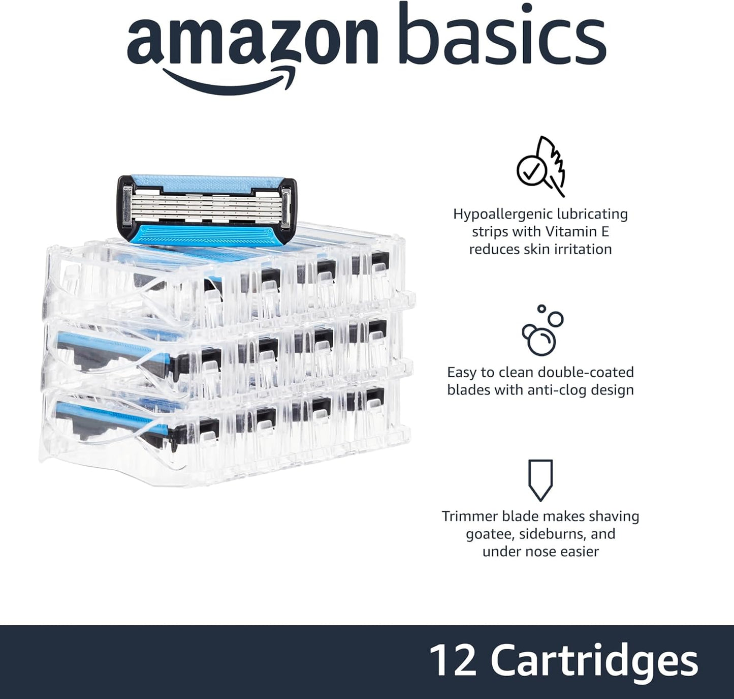 HotAmazon Basics 5-Blade Razor Refills for Men with Dual Lubrication, Hypoallergenic, Clean Shave, Precision Beard Trimmer, 12-Pack (Fits Amazon Basics Razor Handles only)