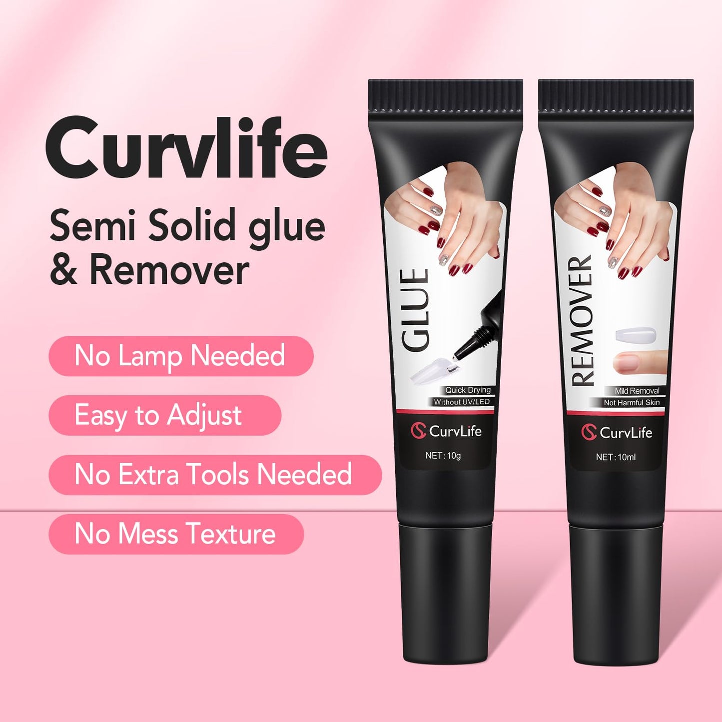 HotCurvlife Newly Upgraded Quick Drying 10g Semi Solid Nail Glue with 10ml Remover for Press On Nails Tips No Need for UV Lamp Long Lasting Fake Acrylic Nails Kit Glue Gel