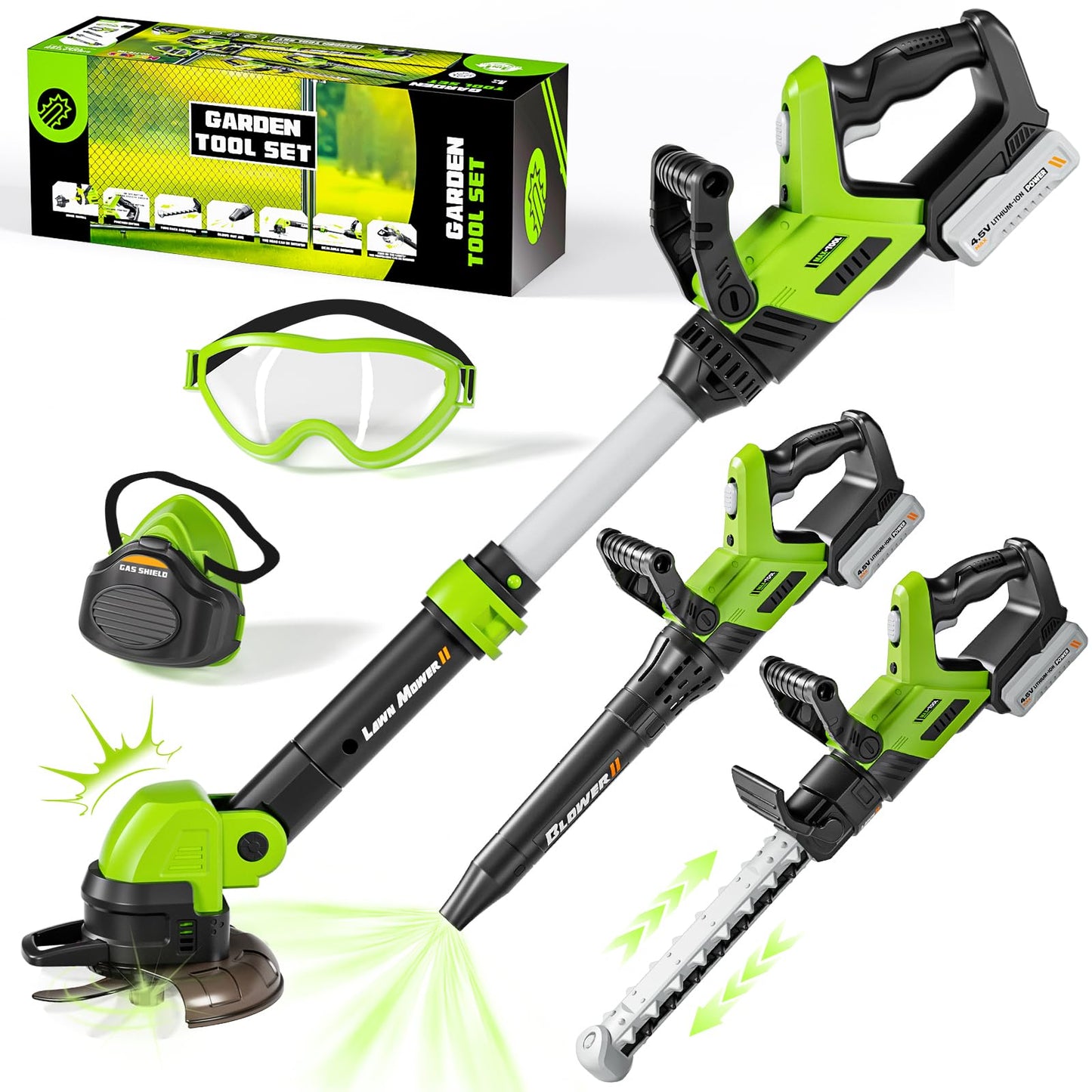 HotKids Tool Set, 3-IN-1 Toddler Power Garden Tools with Sounds & Lights, Volume+/-, Toy Weed Wacker, Leaf Blower&Hedge Trimmer, Outdoor Play Toy Tools, Christmas Birthday Gifts for Boy Toys 3 4 5 6 7 8+
